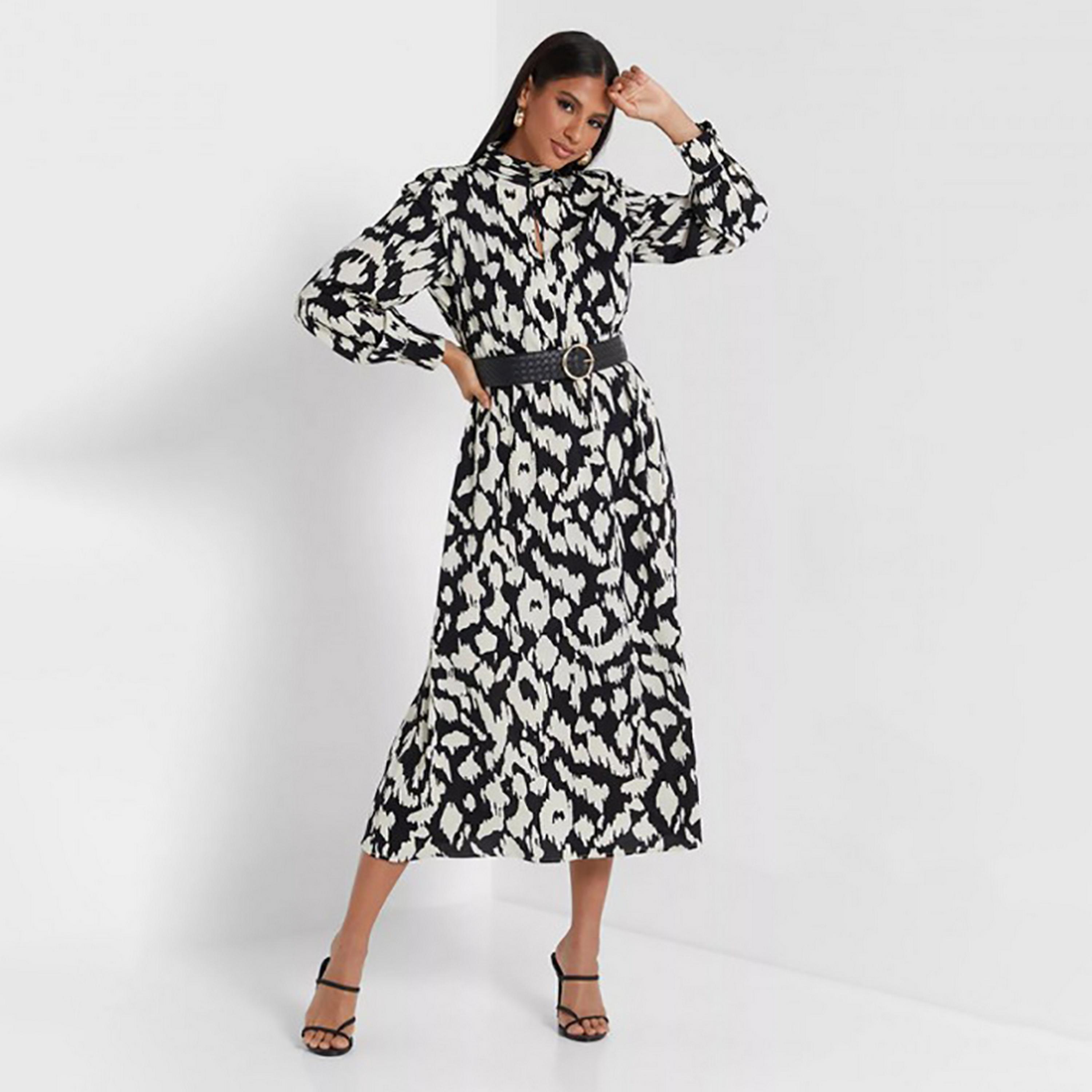 Little Mistress Multicolour Printed Bishop Sleeves Fit and Flared Midi Women's Dress-women-clothing-dresses-image-4