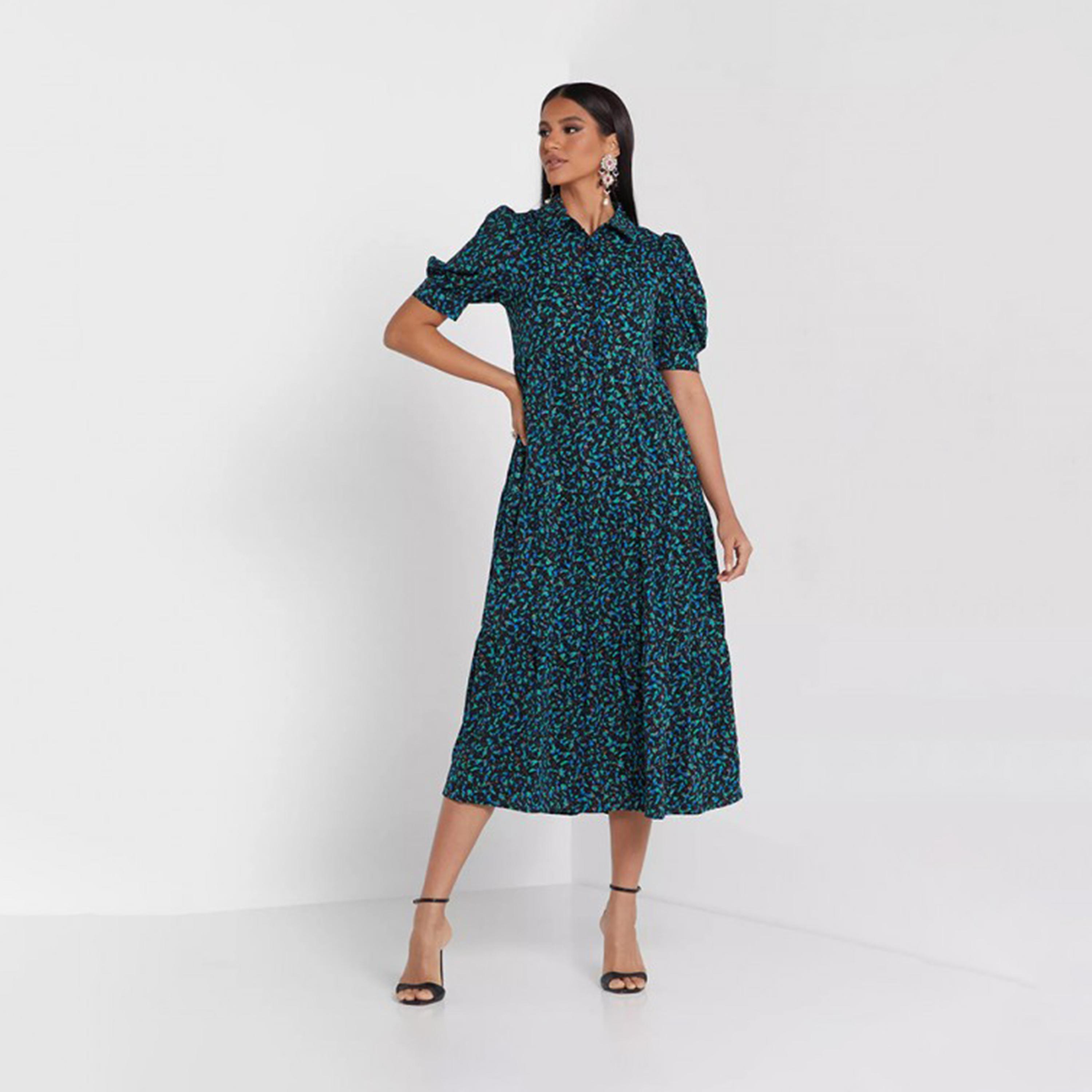 فستان قميص ميدي بأكمام منتفخة باللون الأخضر من ليتل ميسترس -women-clothing-dresses-image-1
