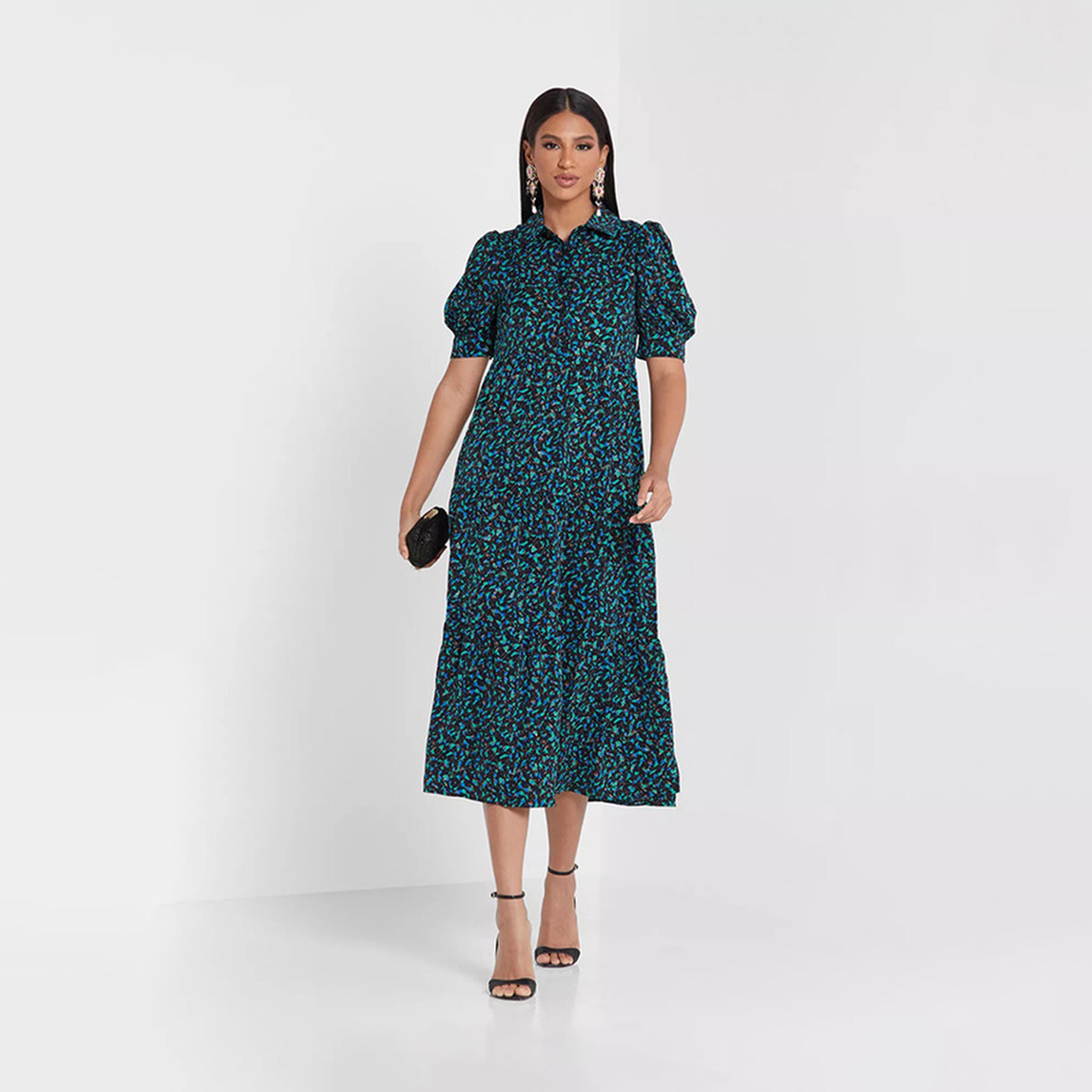 فستان قميص ميدي بأكمام منتفخة باللون الأخضر من ليتل ميسترس -women-clothing-dresses-image-2