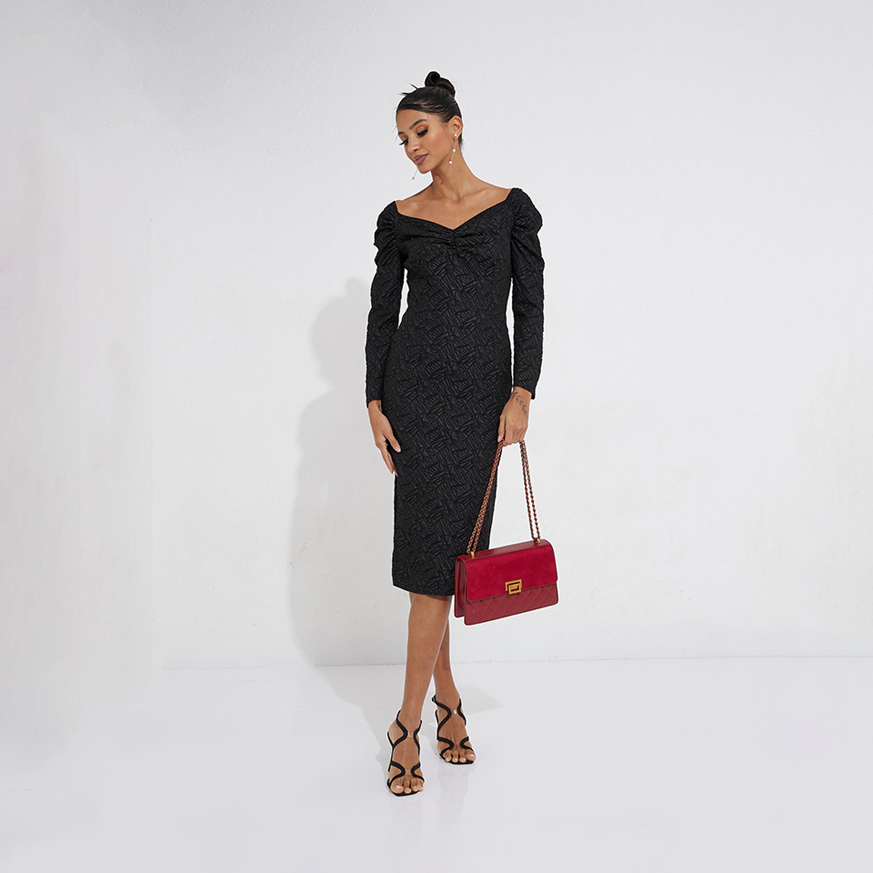 ليتل مسترس- فستان ضيق ياقة على شكل V متوسط الطول أكمام طويلة-women-clothing-dresses-image-2
