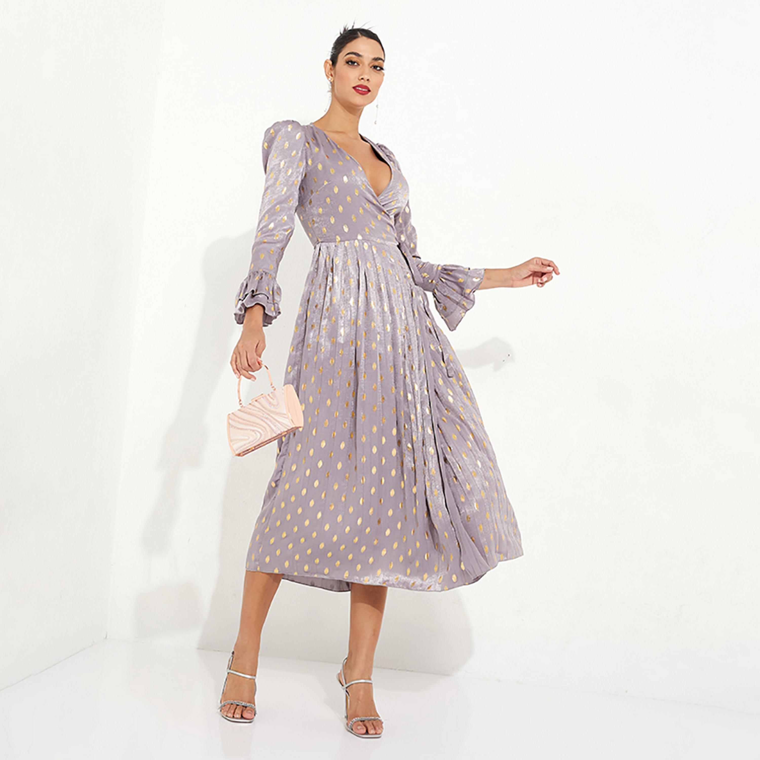 Little Mistress Metallic Polka Dots Plunge Neck Puff Bell Sleeves Evening Wrap Midi Women's Dress-women-clothing-dresses-image-1