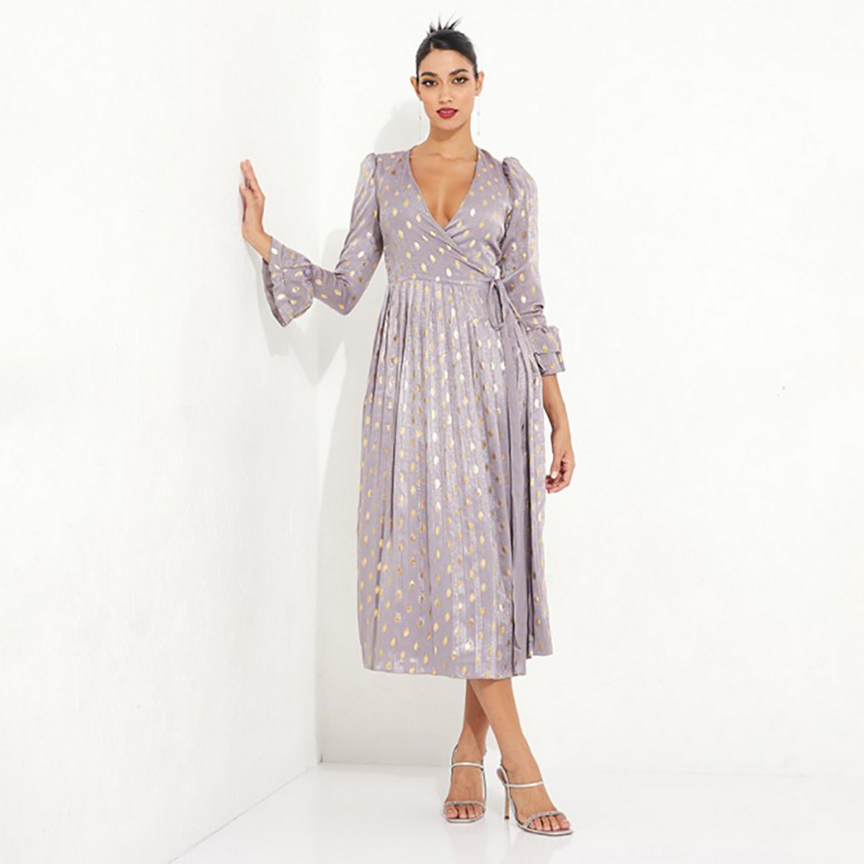 Little Mistress Metallic Polka Dots Plunge Neck Puff Bell Sleeves Evening Wrap Midi Women's Dress-women-clothing-dresses-image-3