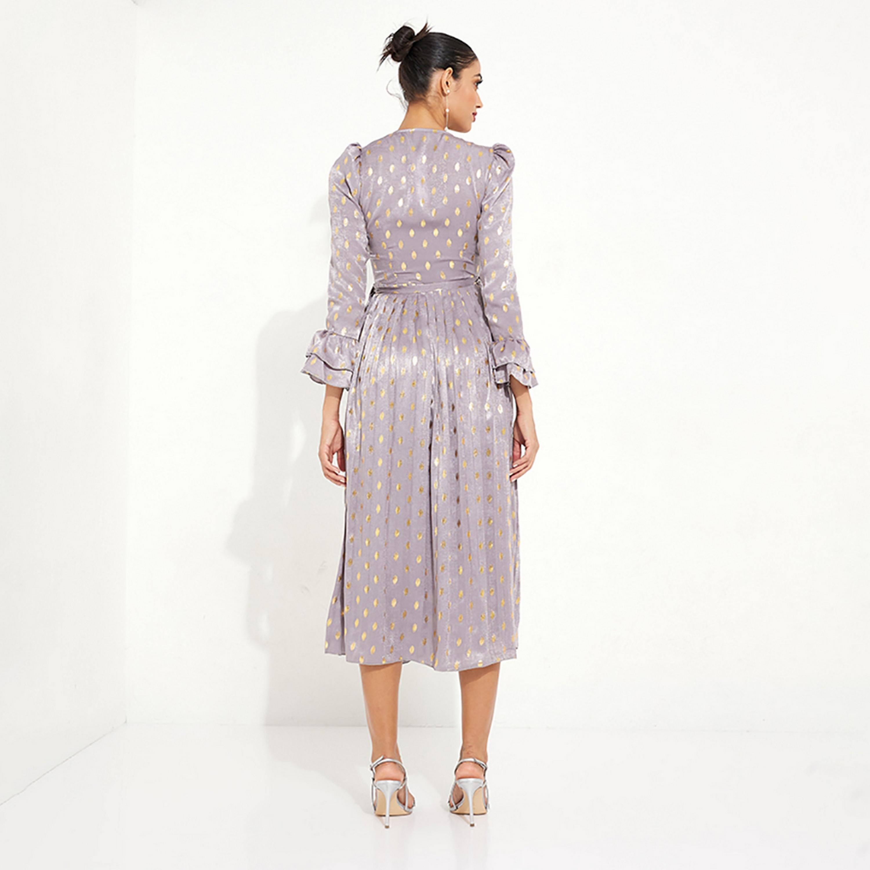 Little Mistress Metallic Polka Dots Plunge Neck Puff Bell Sleeves Evening Wrap Midi Women's Dress-women-clothing-dresses-image-4