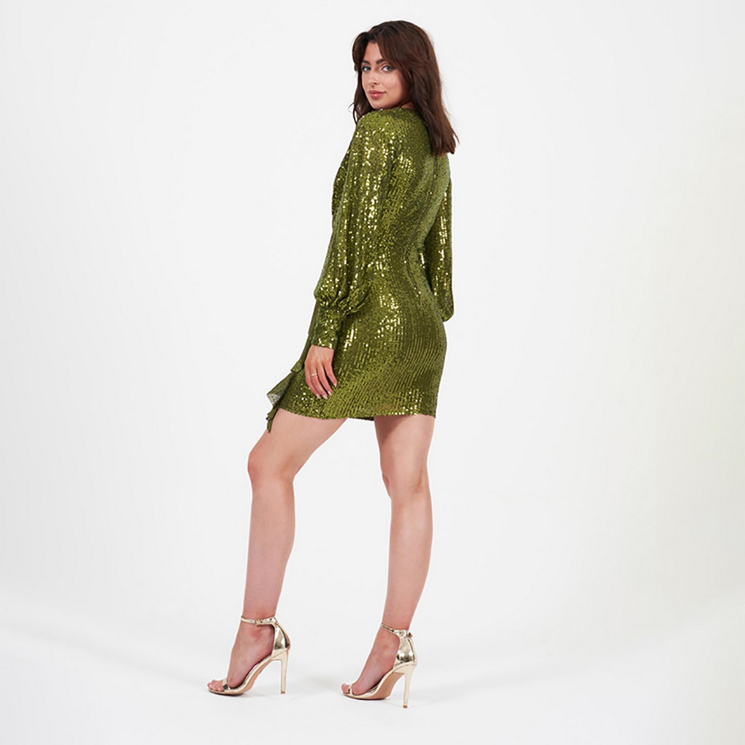 Little Mistress Green Sequins Plunge Neck Balloon Sleeves Evening Bodycon Mini Women's Dress-women-clothing-dresses-image-4