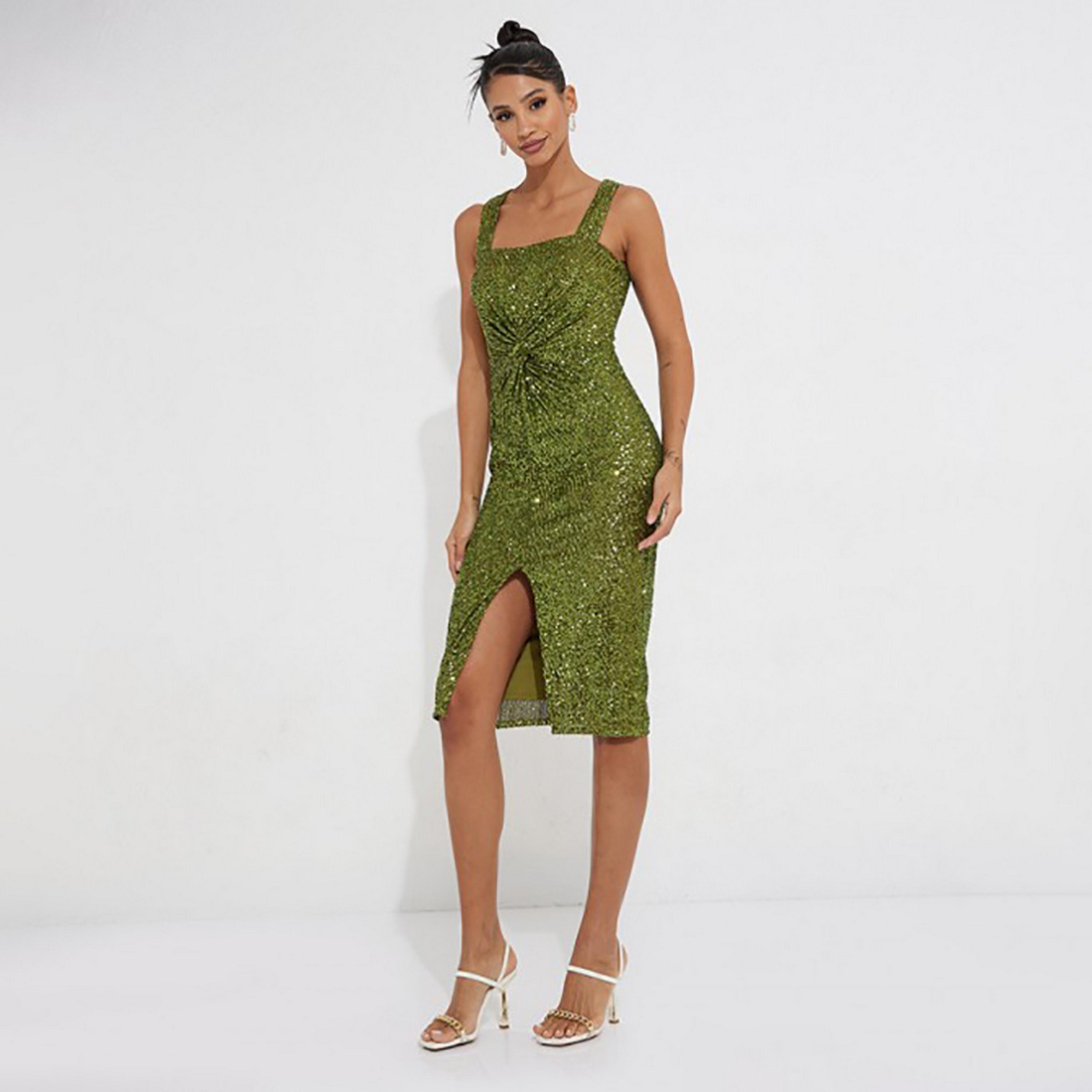 Little Mistress Green Sequins Evening Bodycon Midi Women's Dress-women-clothing-dresses-image-1
