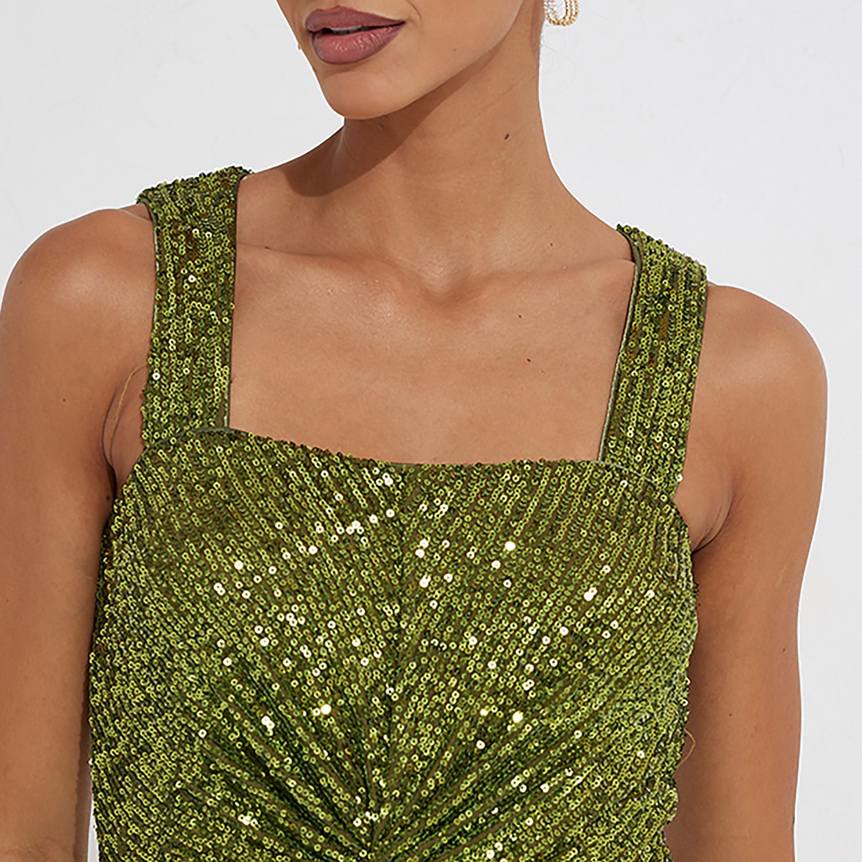 Little Mistress Green Sequins Evening Bodycon Midi Women's Dress-women-clothing-dresses-image-2