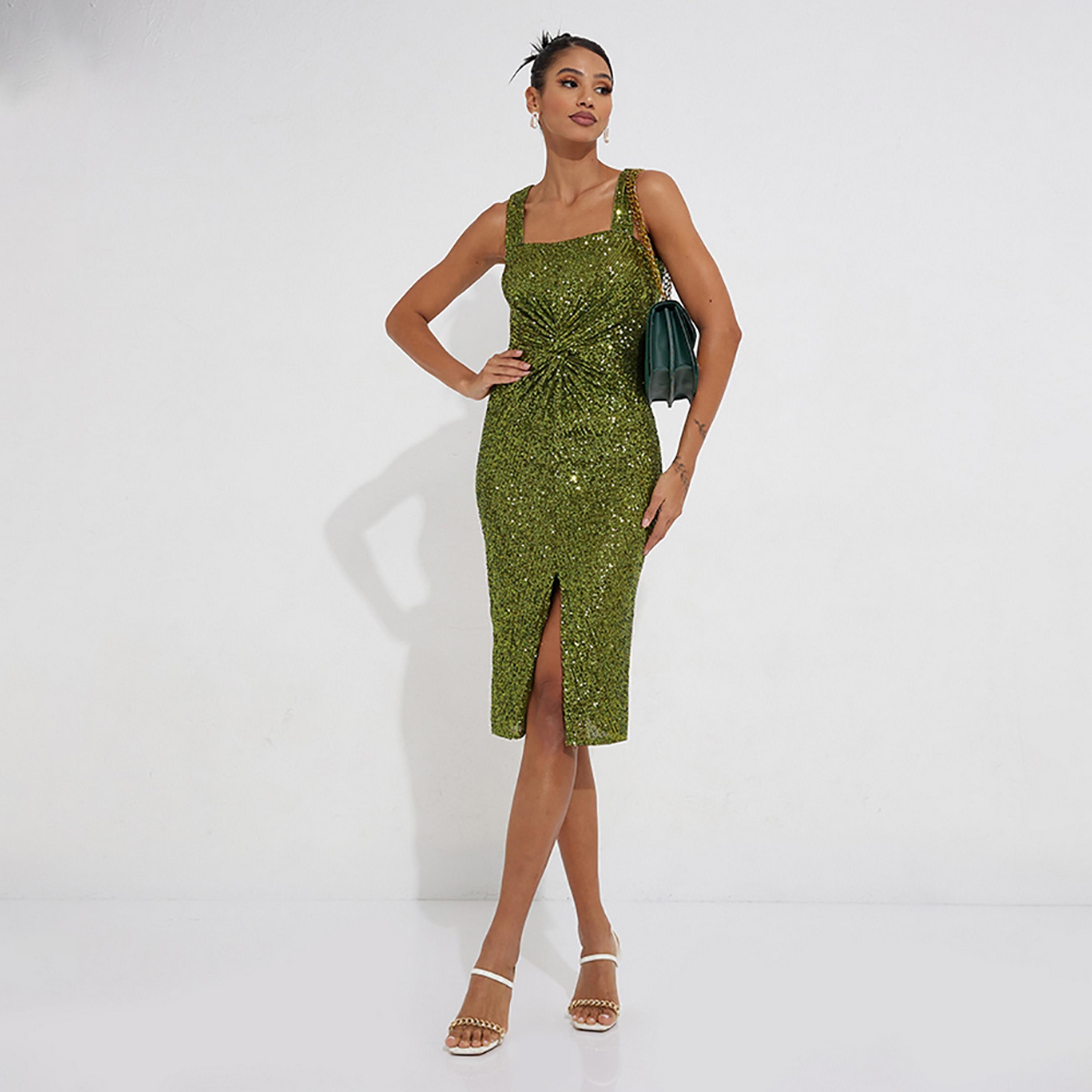 Little Mistress Green Sequins Evening Bodycon Midi Women's Dress-women-clothing-dresses-image-3