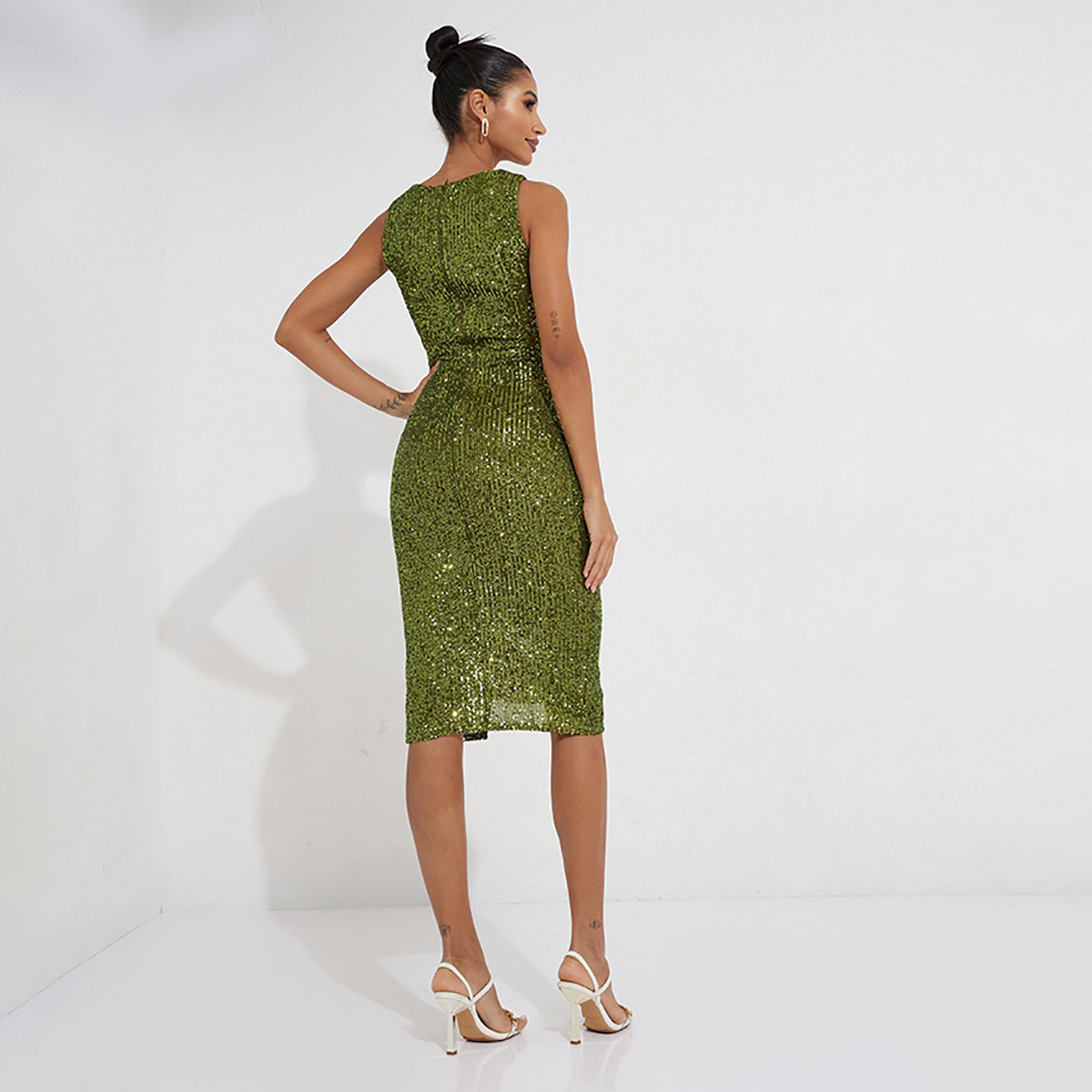 Little Mistress Green Sequins Evening Bodycon Midi Women's Dress-women-clothing-dresses-image-4