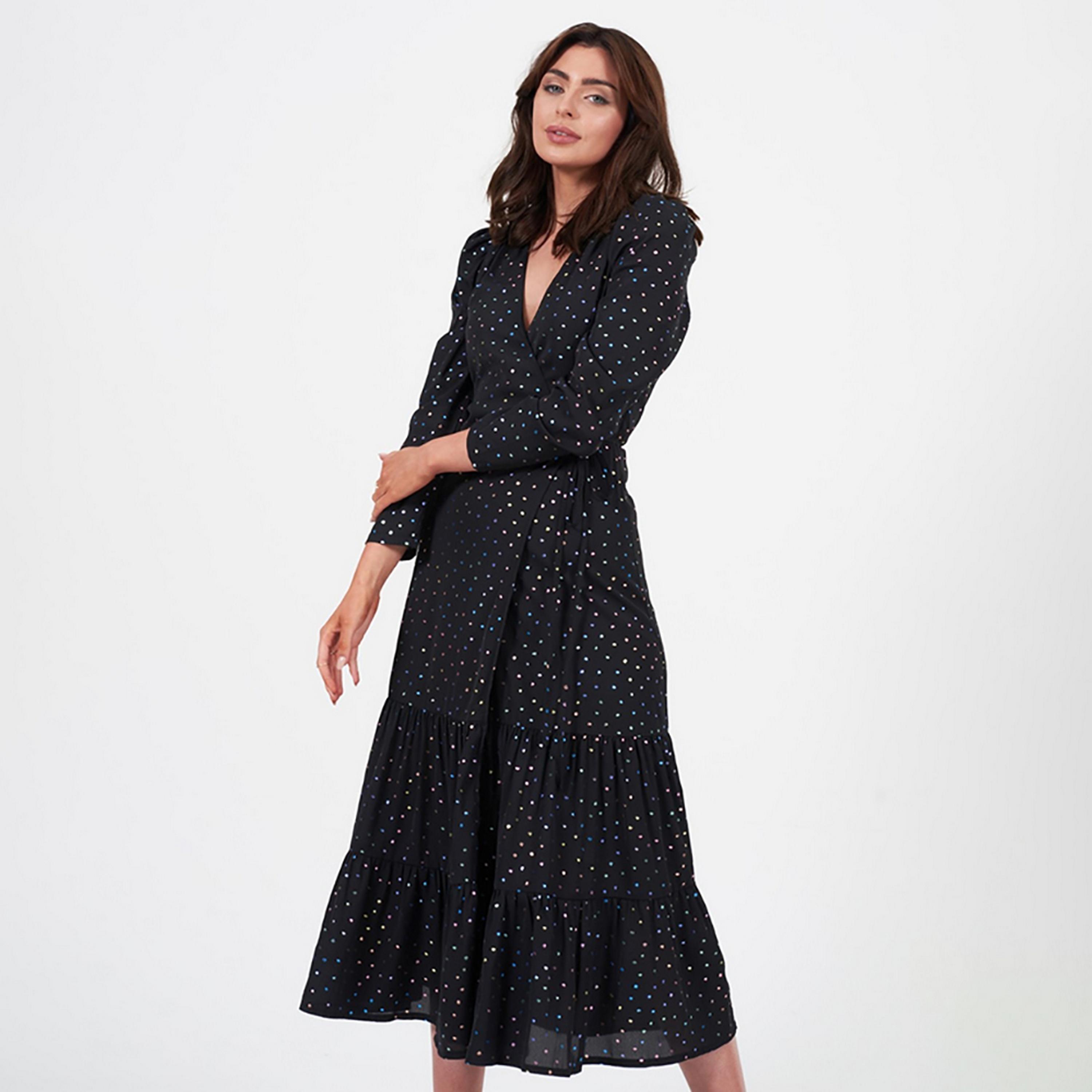 Little Mistress Black Polka Dots Plunge Neck Tiered Wrap Midi Women's Dress-women-clothing-dresses-image-1