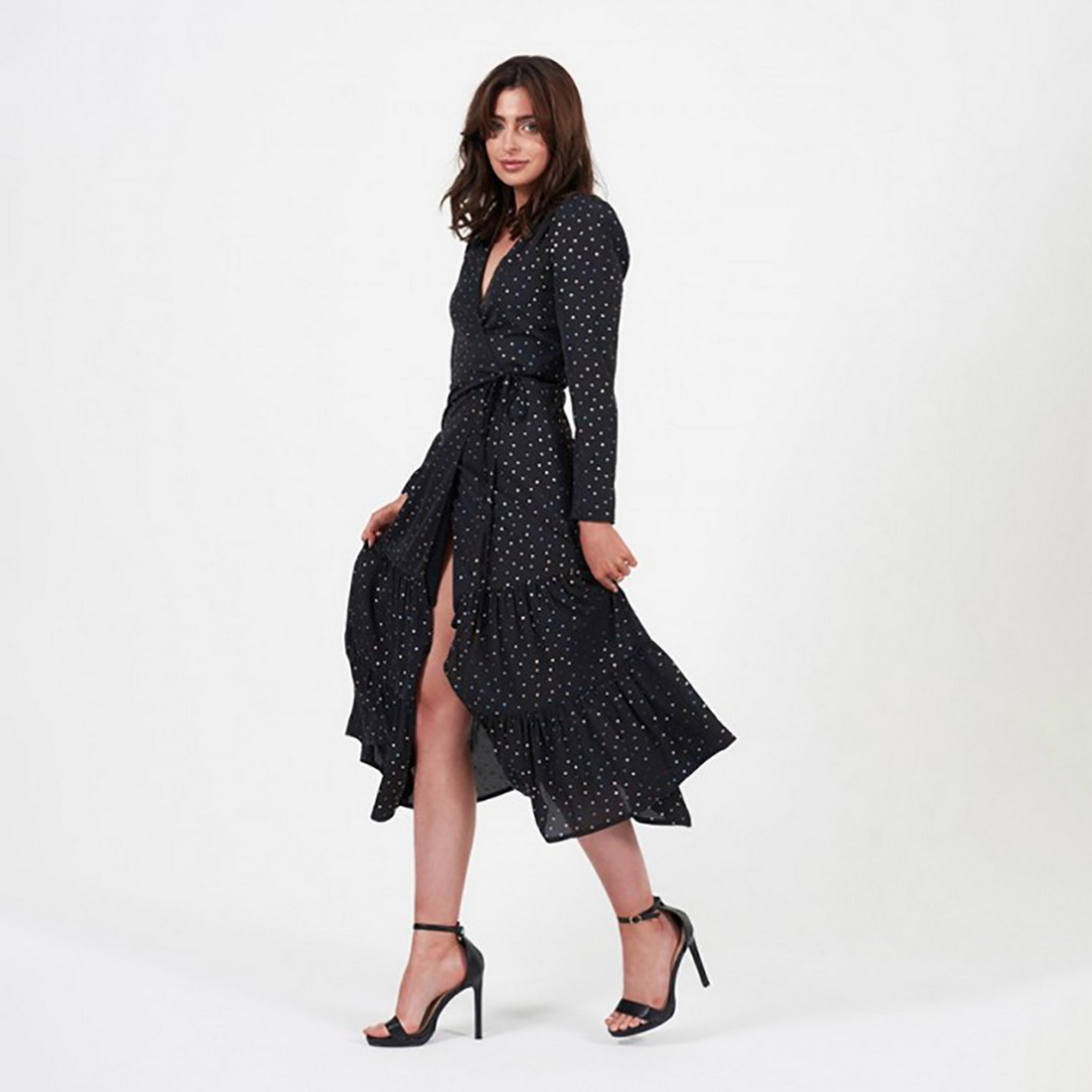 Little Mistress Black Polka Dots Plunge Neck Tiered Wrap Midi Women's Dress-women-clothing-dresses-image-3