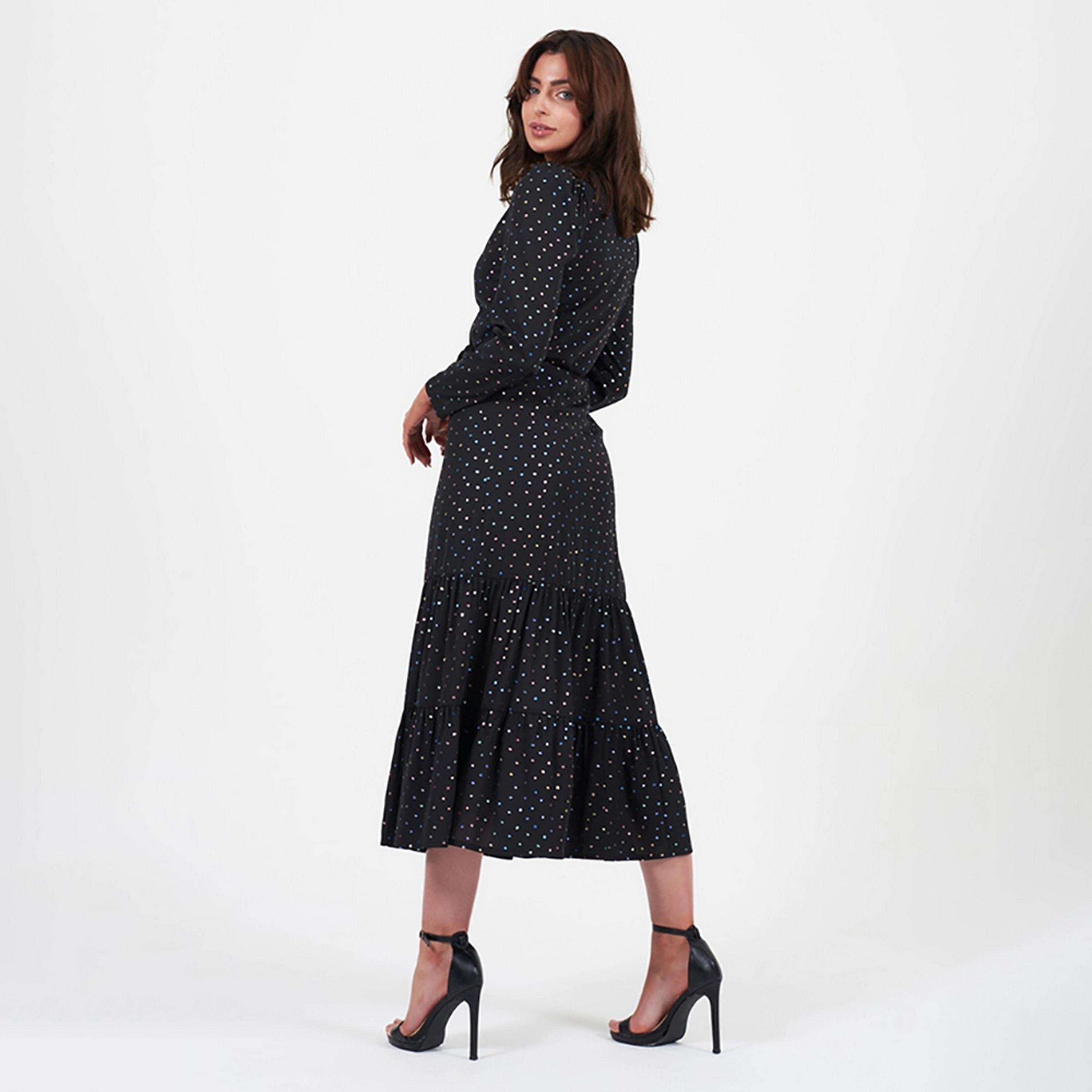 Little Mistress Black Polka Dots Plunge Neck Tiered Wrap Midi Women's Dress-women-clothing-dresses-image-4