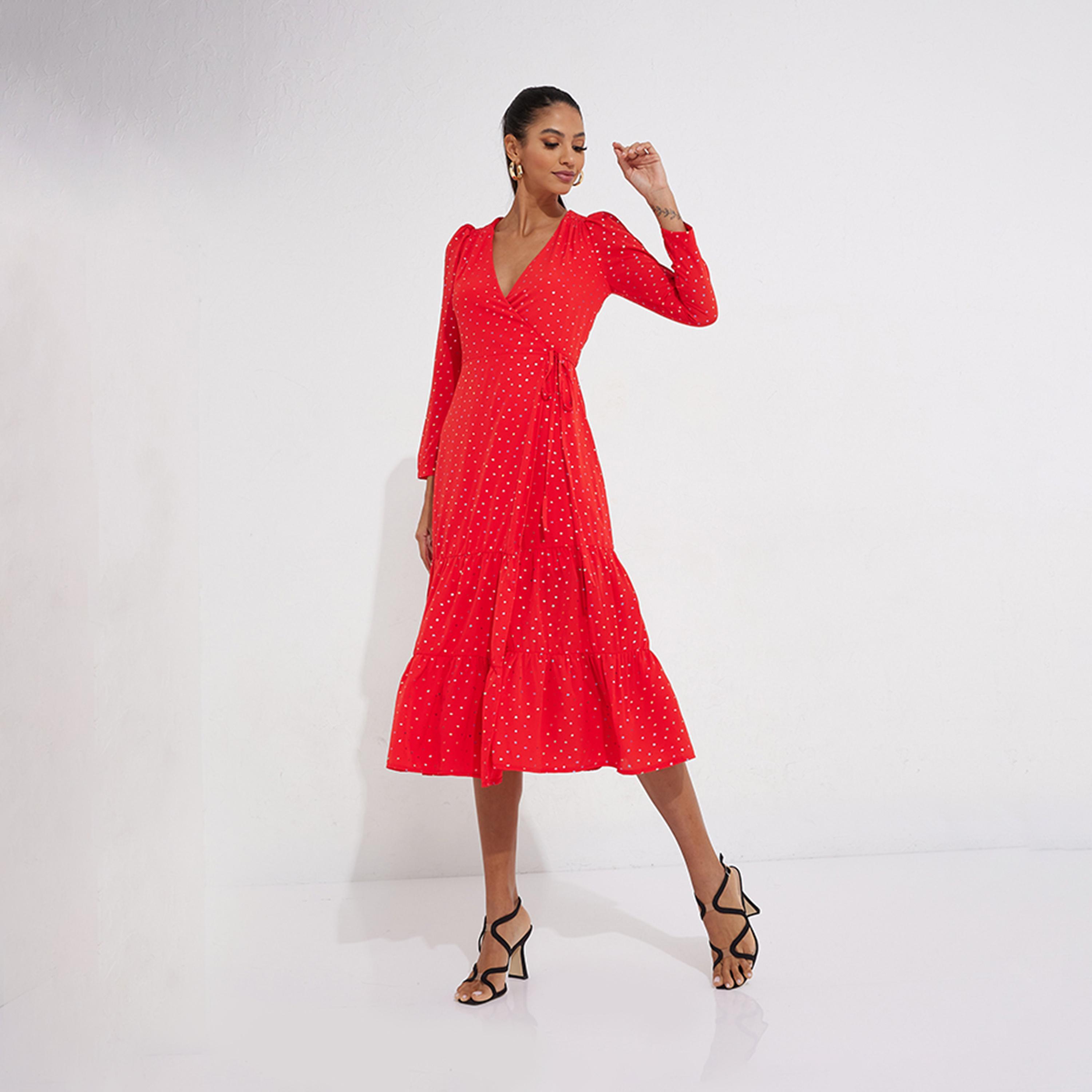 Little Mistress Printed V-neck Wrap Midi Dress with Long Sleeves-women-clothing-dresses-image-1