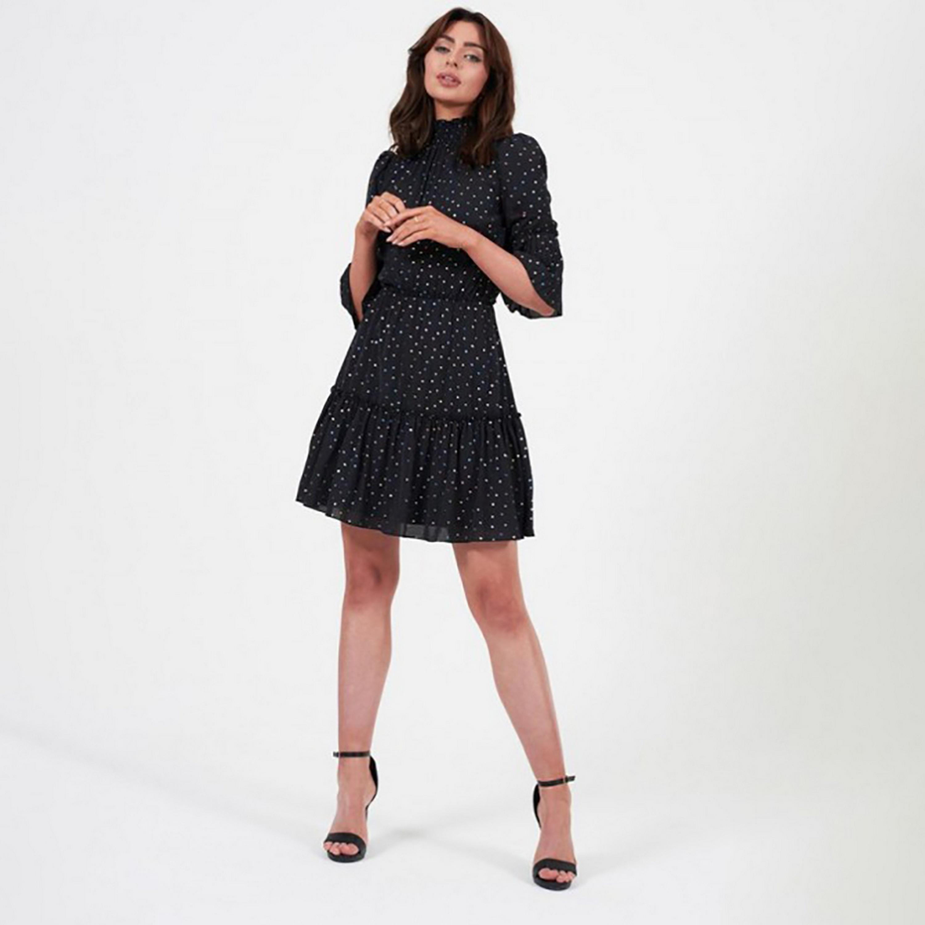 Little Mistress Black Polka Dots Tiered Mini Women's Dress-women-clothing-dresses-image-1