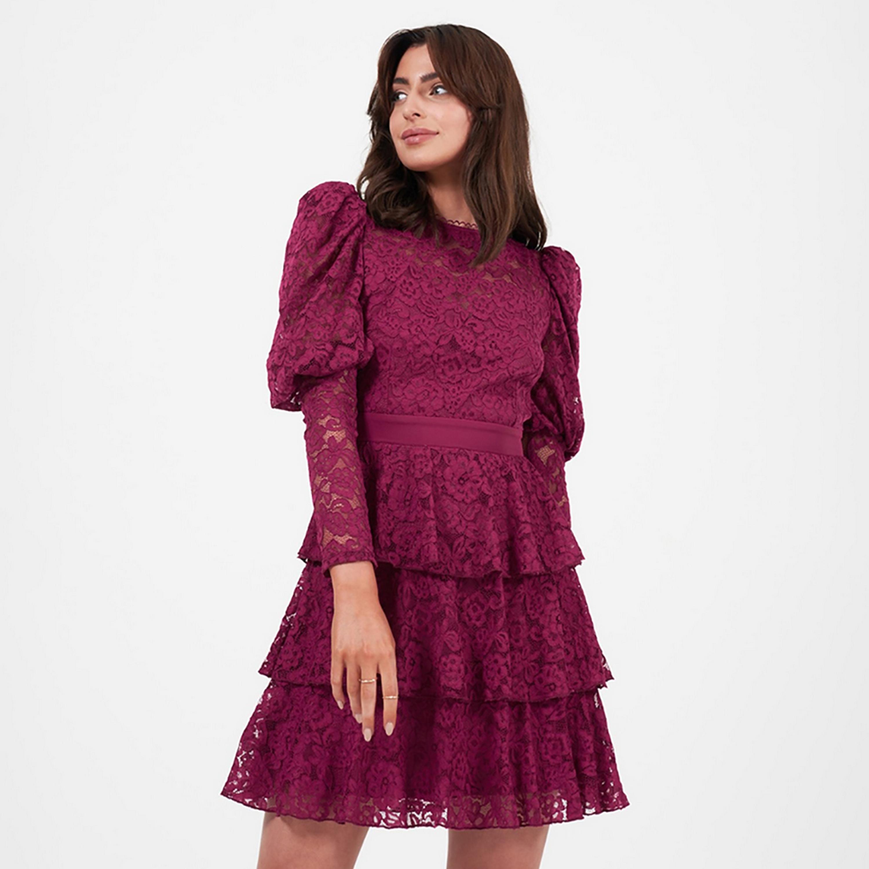 Little Mistress Burgundy Lace Puff Sleeves Layered Mini Women's Dress-women-clothing-dresses-image-2