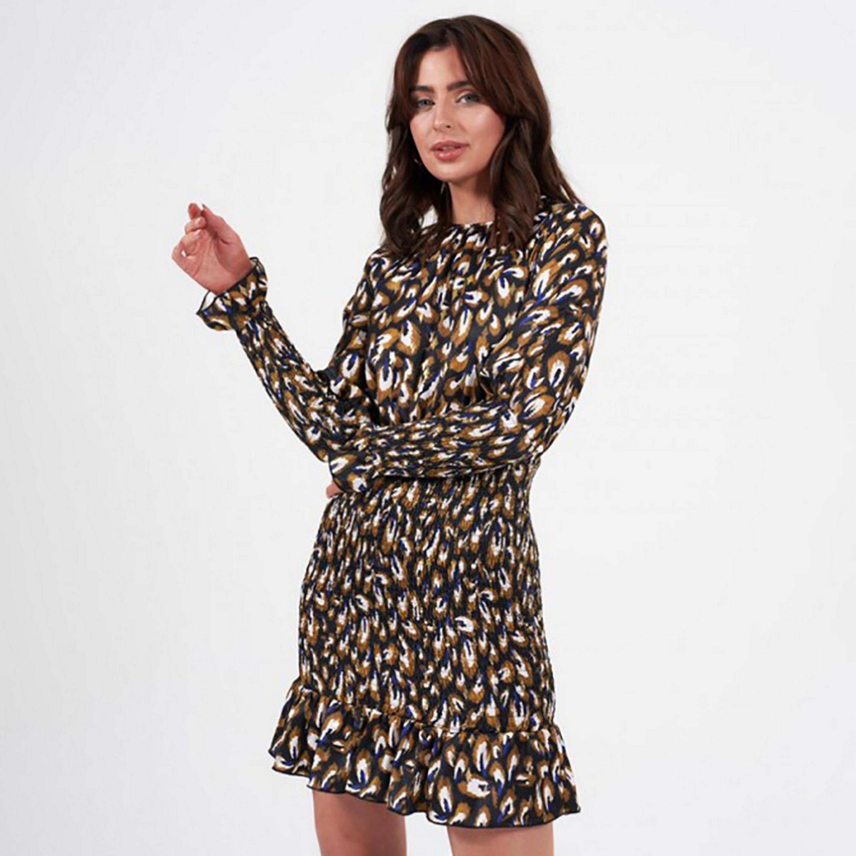 Little Mistress Multicolour Printed Smocked Sleeves Bodycon Mini Women's Dress-women-clothing-dresses-image-1