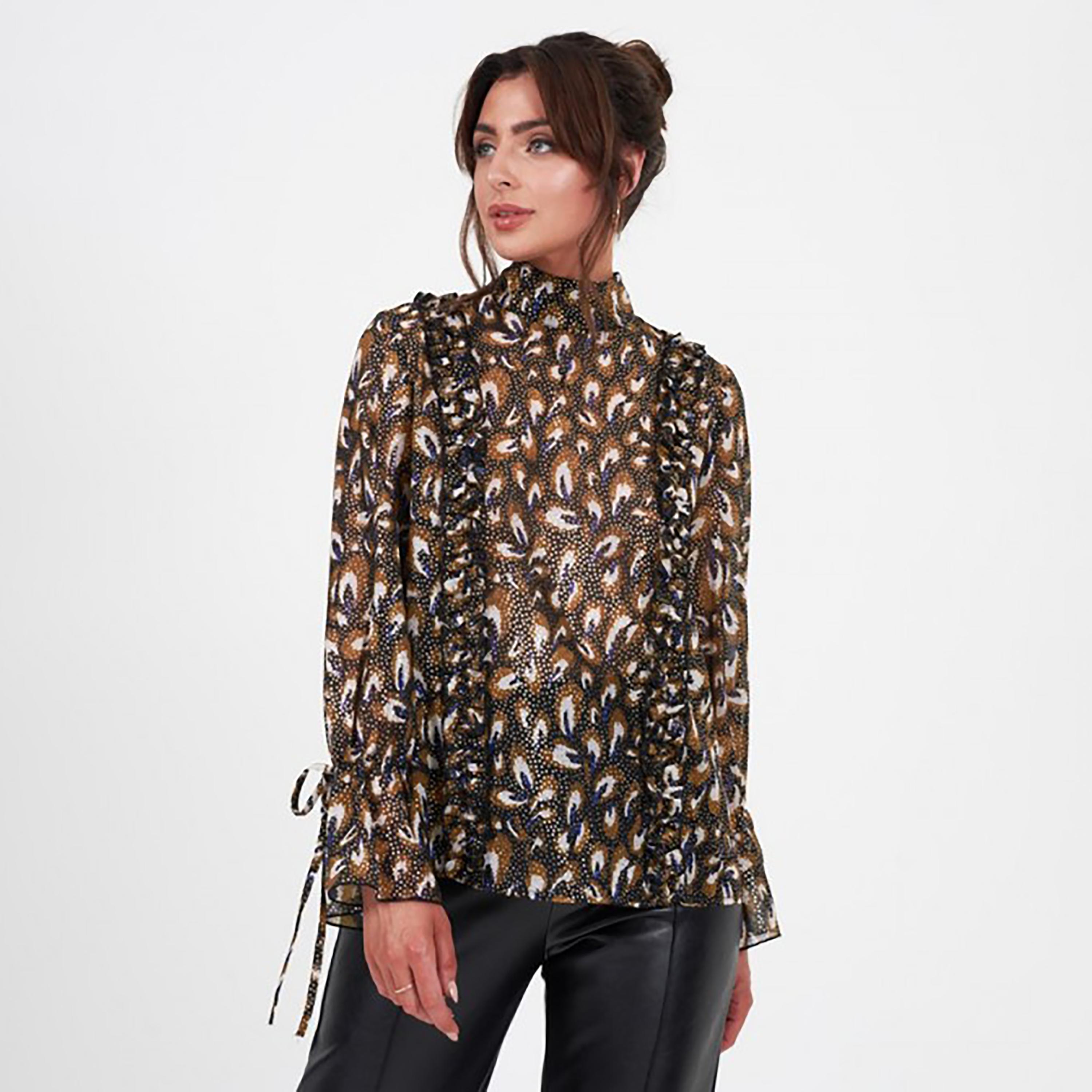 Little Mistress Brown Printed High Neck Long Sleeves Women's Top-women-clothing-shirtsandblouses-blouses-image-1