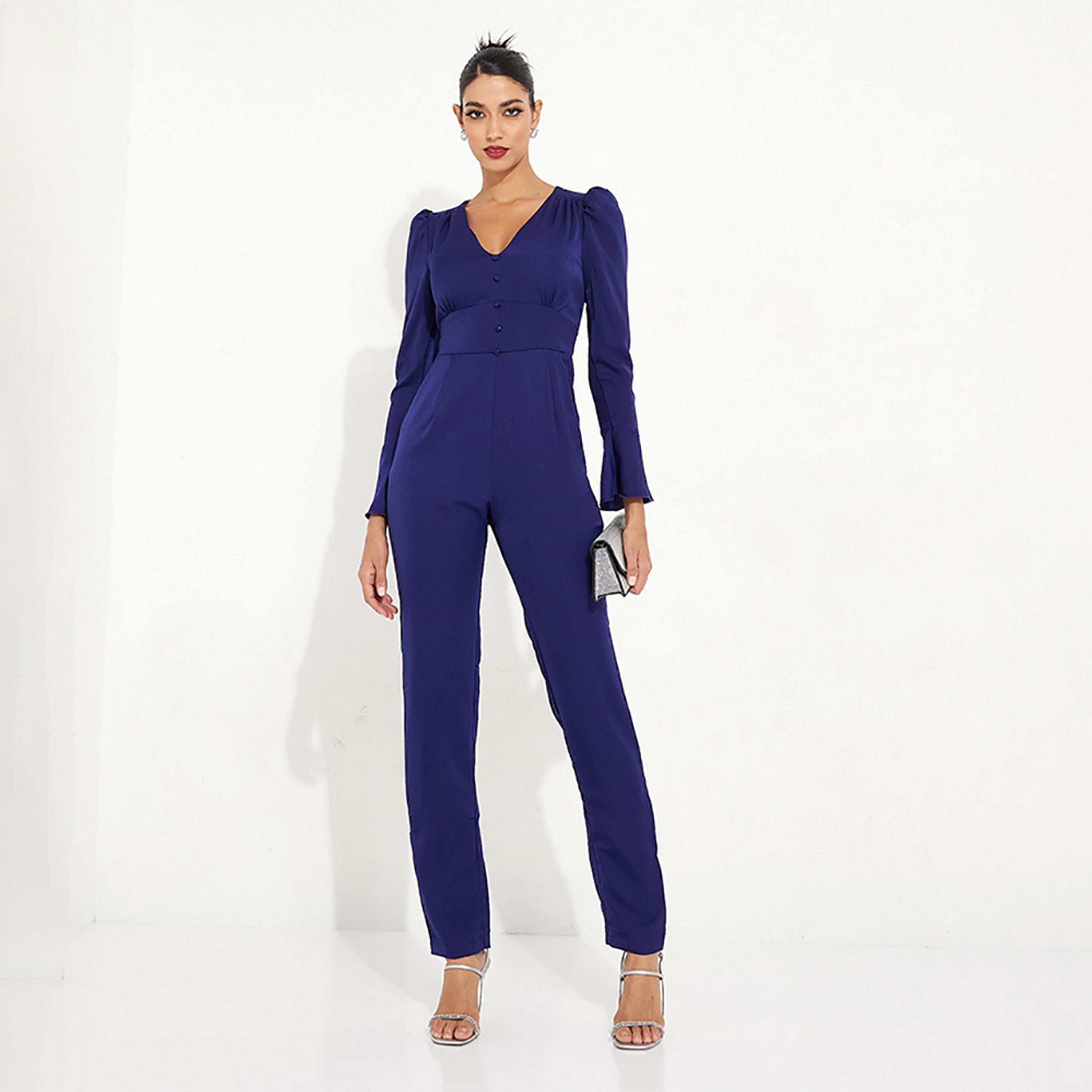 Little Mistress Blue Plain Puff Sleeves Women's Jumpsuit-women-clothing-jumpsuits-image-1