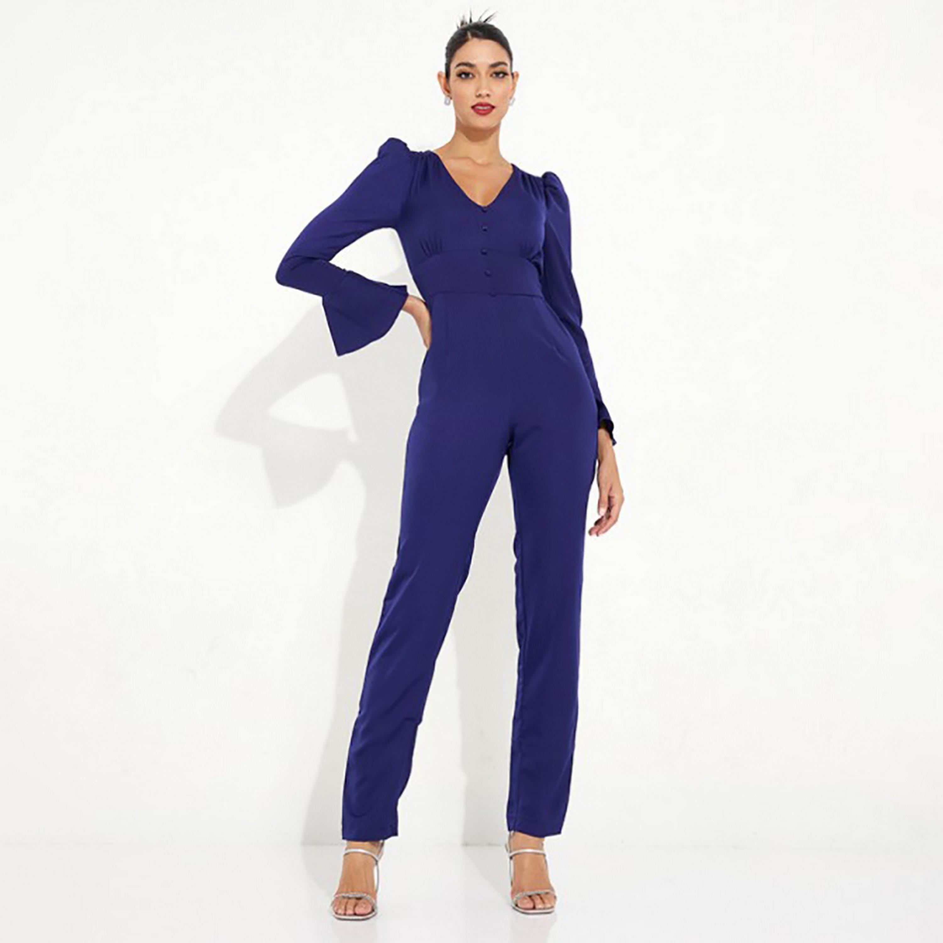 Little Mistress Blue Plain Puff Sleeves Women's Jumpsuit-women-clothing-jumpsuits-image-3