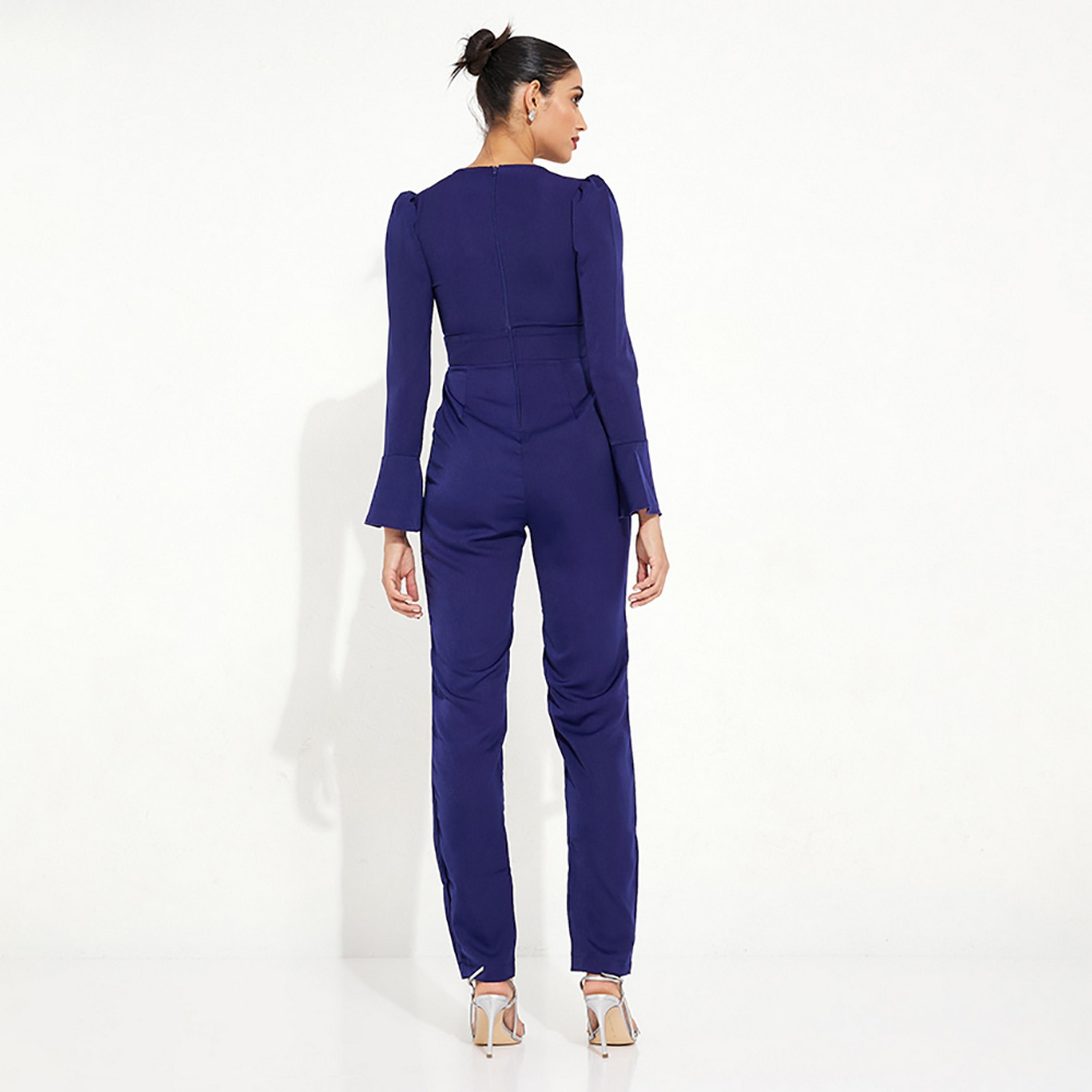 Little Mistress Blue Plain Puff Sleeves Women's Jumpsuit-women-clothing-jumpsuits-image-4