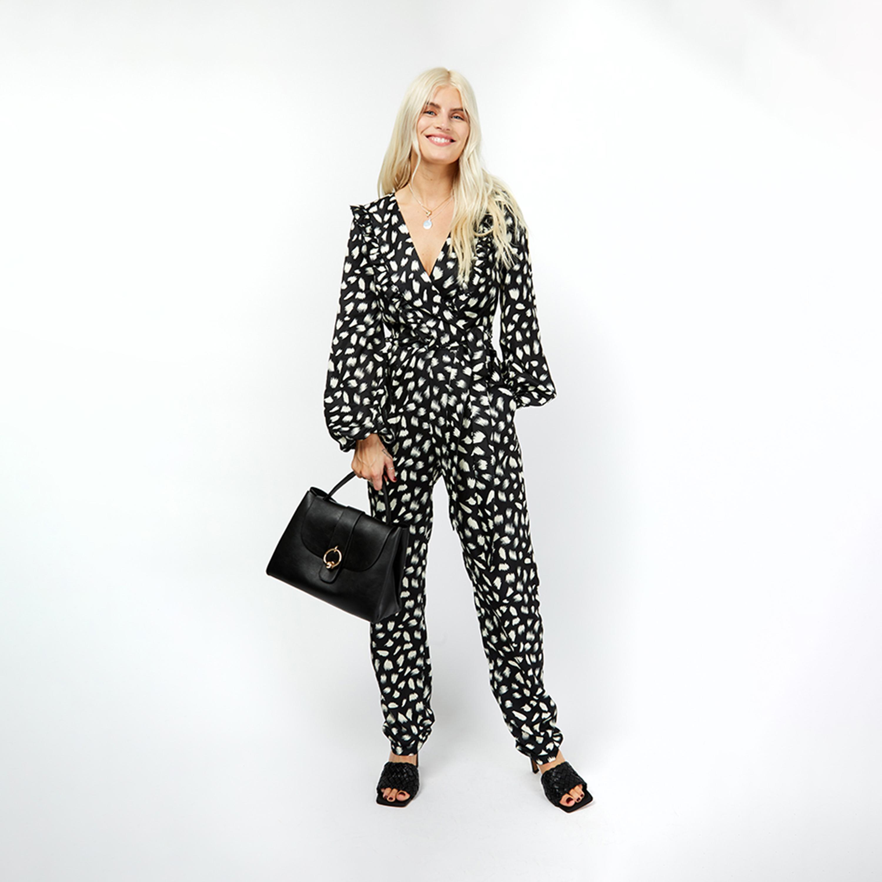 ليتل مسترس- جمبسوت ياقة على شكل V تصميم منقوش كم كشكش-women-clothing-jumpsuits-image-1