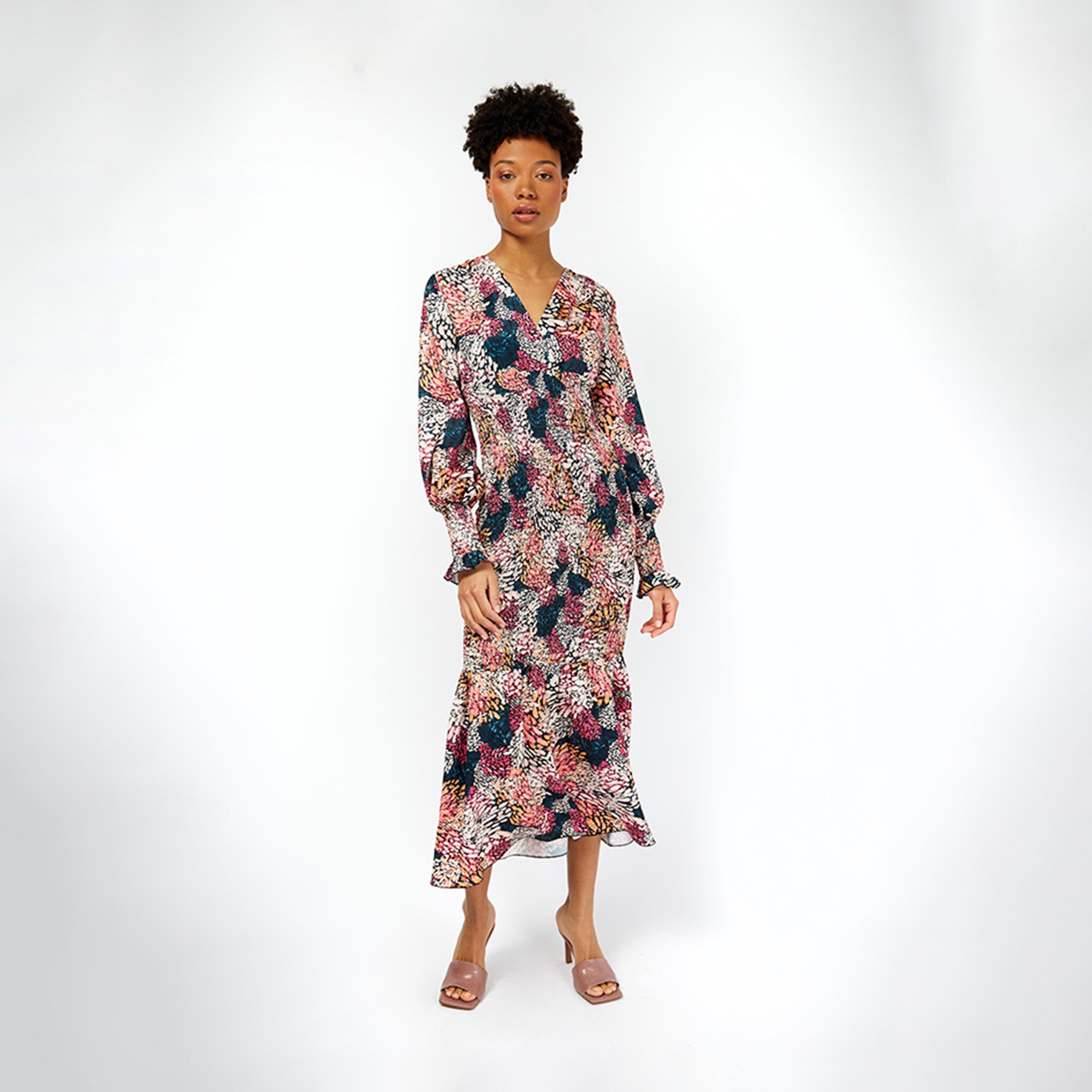 Little Mistress Printed V-neck Bodycon Midi Dress with Long Sleeves-women-clothing-dresses-image-2