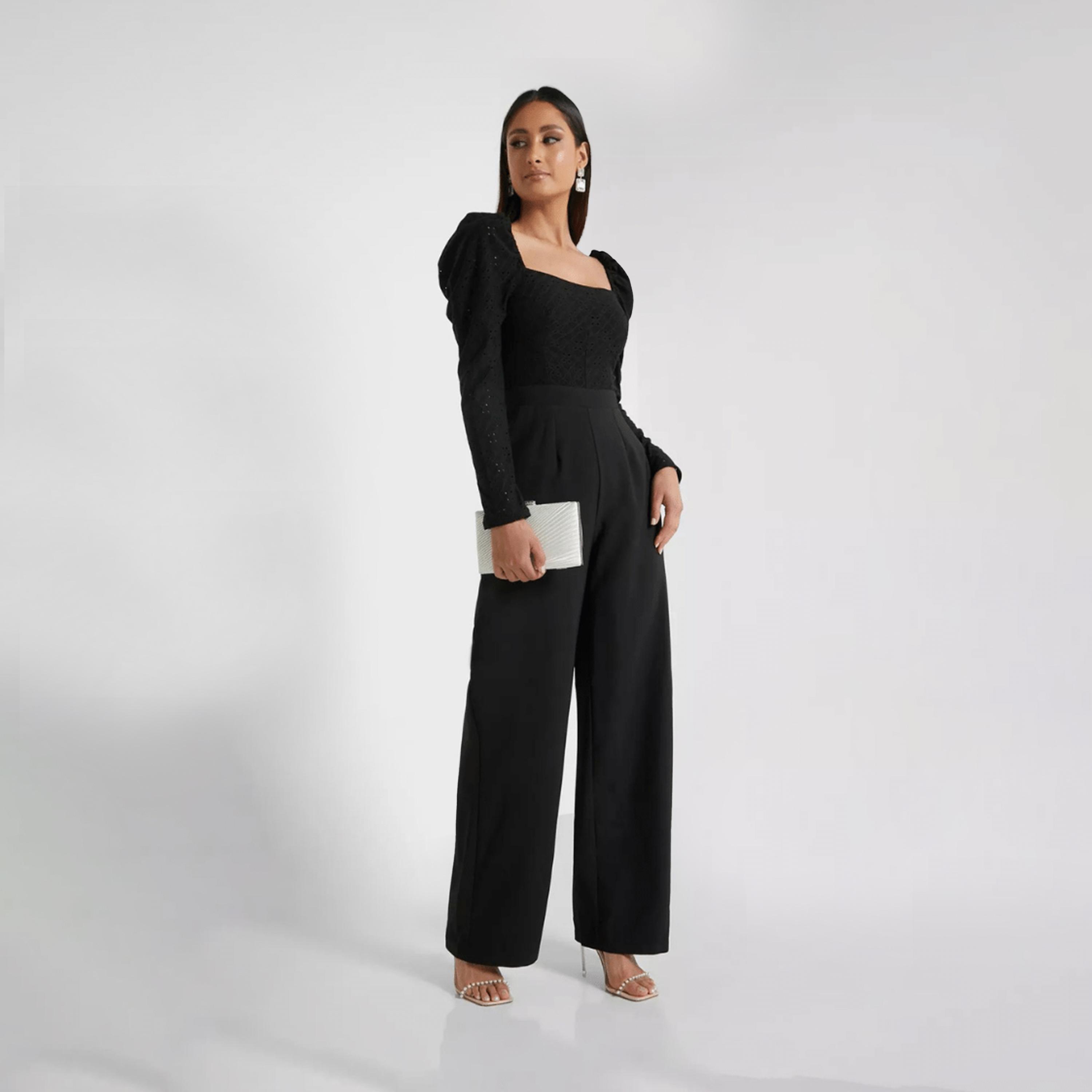 Little Mistress Schiffli Square Neck Jumpsuit with Puff Sleeves-women-clothing-jumpsuits-image-2