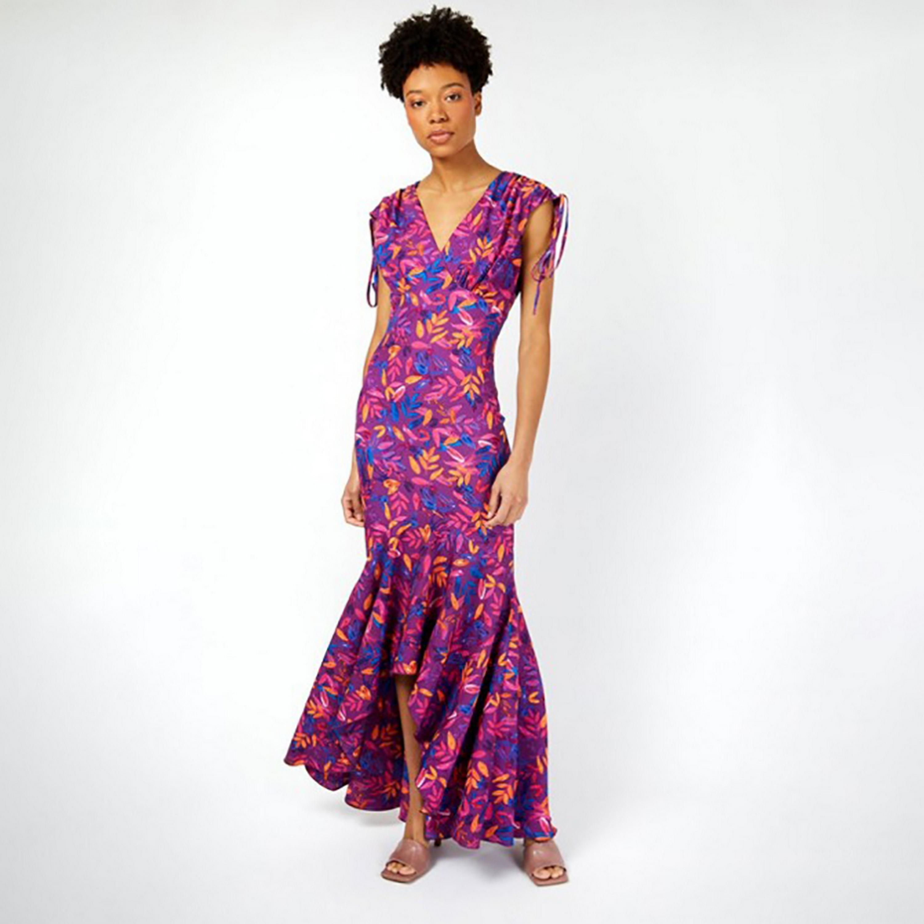 Little Mistress Multicolour Printed Plunge Neck Tie-Up Sleeves High-Low Maxi Women's Dress-women-clothing-dresses-image-1