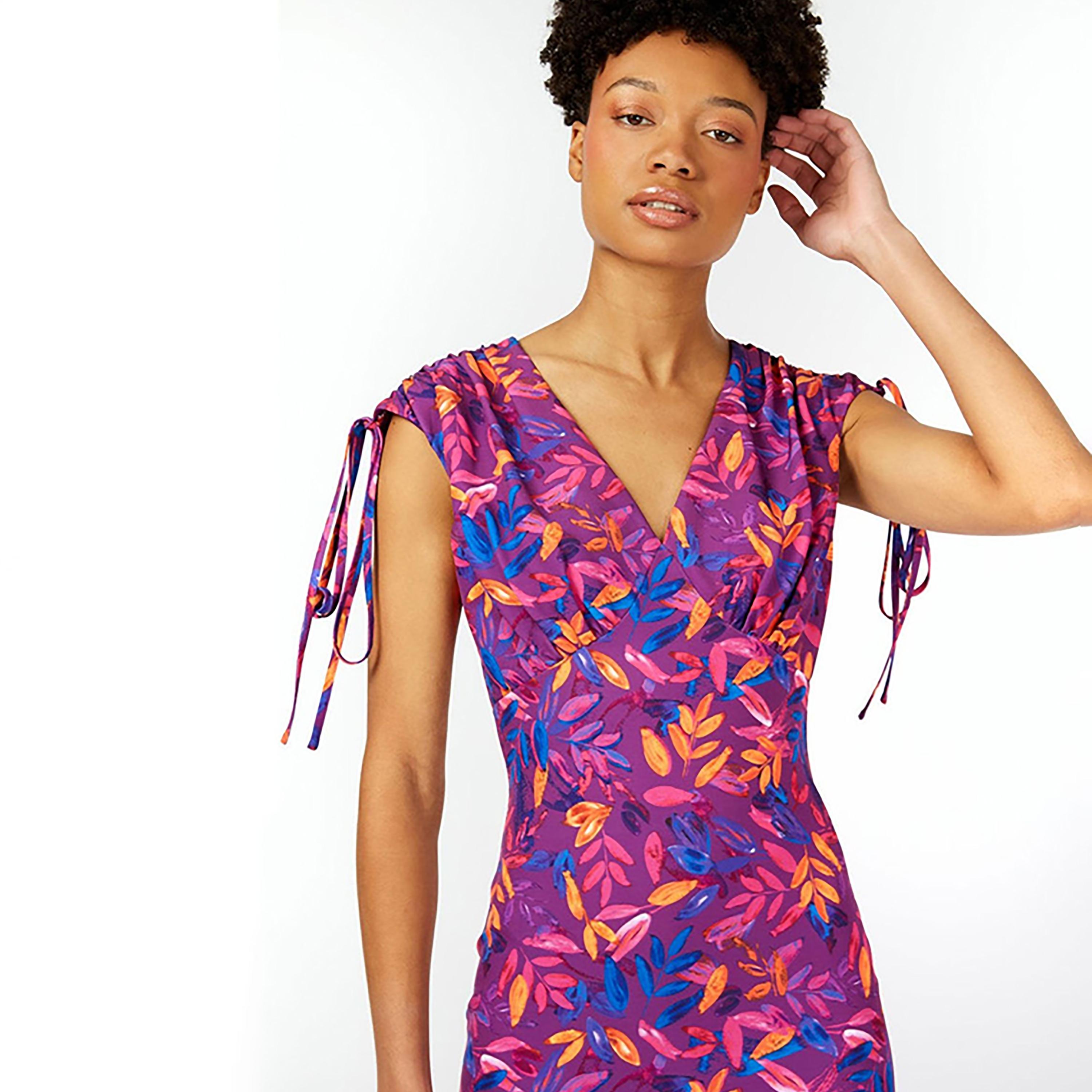 Little Mistress Multicolour Printed Plunge Neck Tie-Up Sleeves High-Low Maxi Women's Dress-women-clothing-dresses-image-2