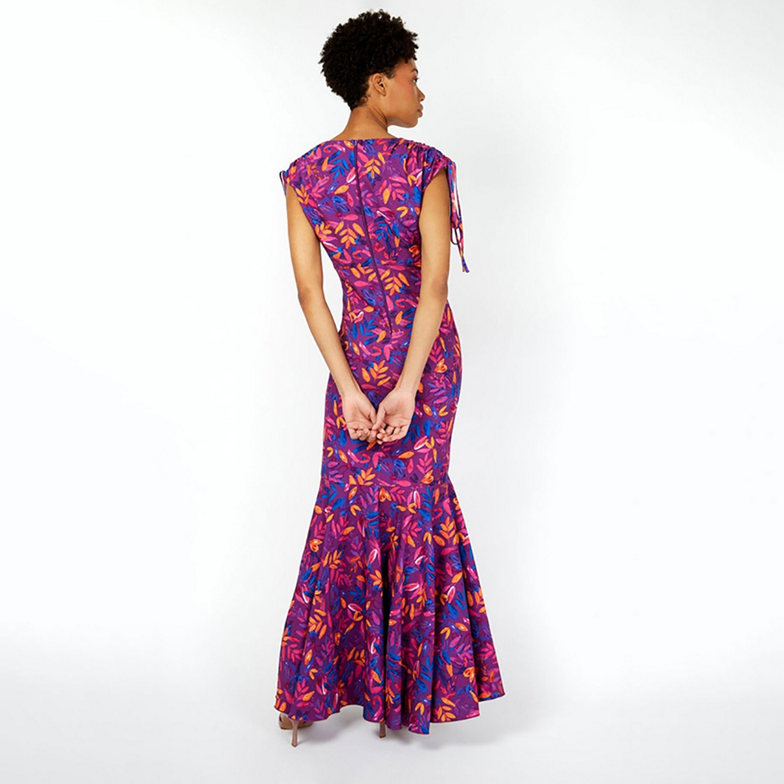 Little Mistress Multicolour Printed Plunge Neck Tie-Up Sleeves High-Low Maxi Women's Dress-women-clothing-dresses-image-3
