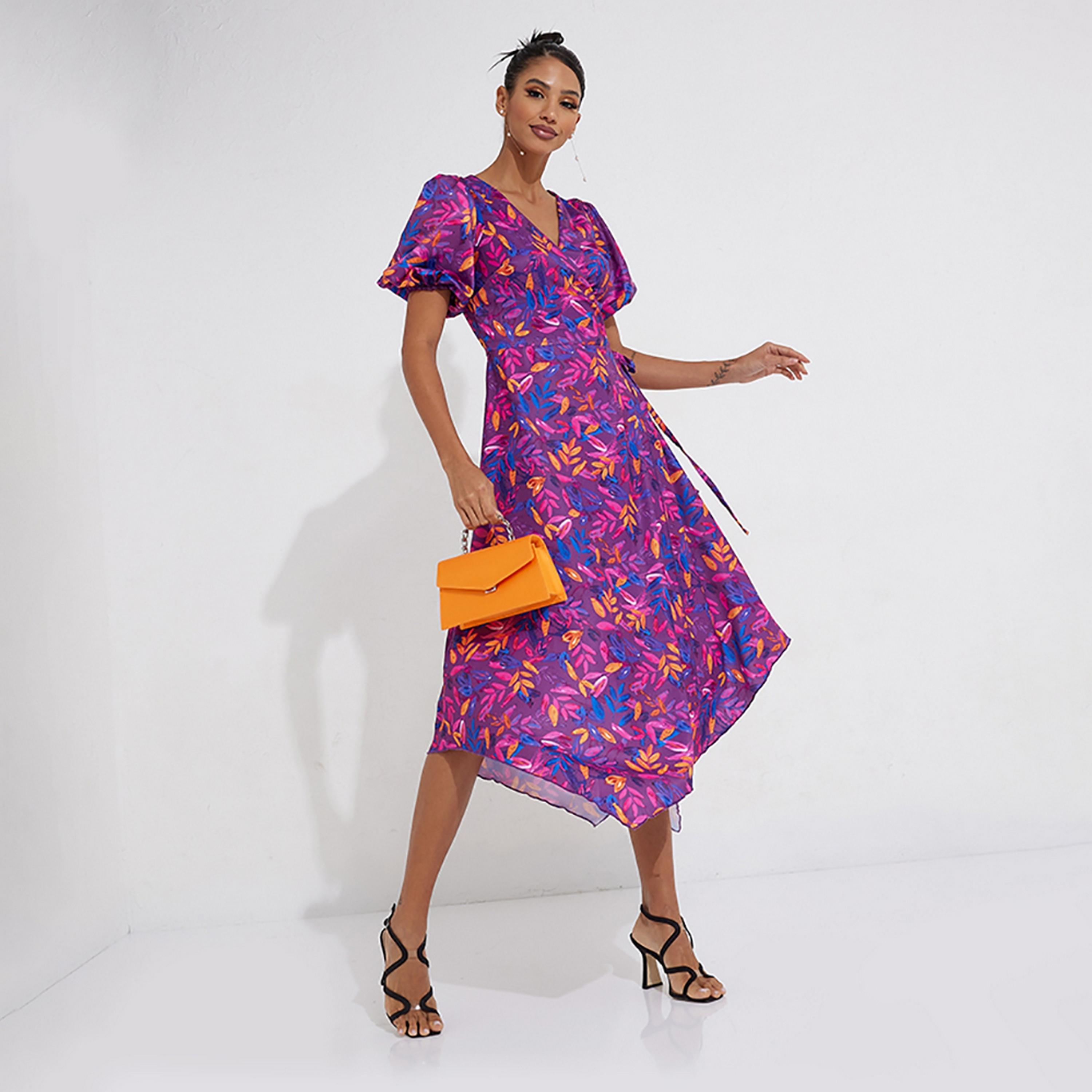 Little Mistress Multicolour Printed Plunge Neck Puff Sleeves Asymmetric Midi Women's Dress-women-clothing-dresses-image-1