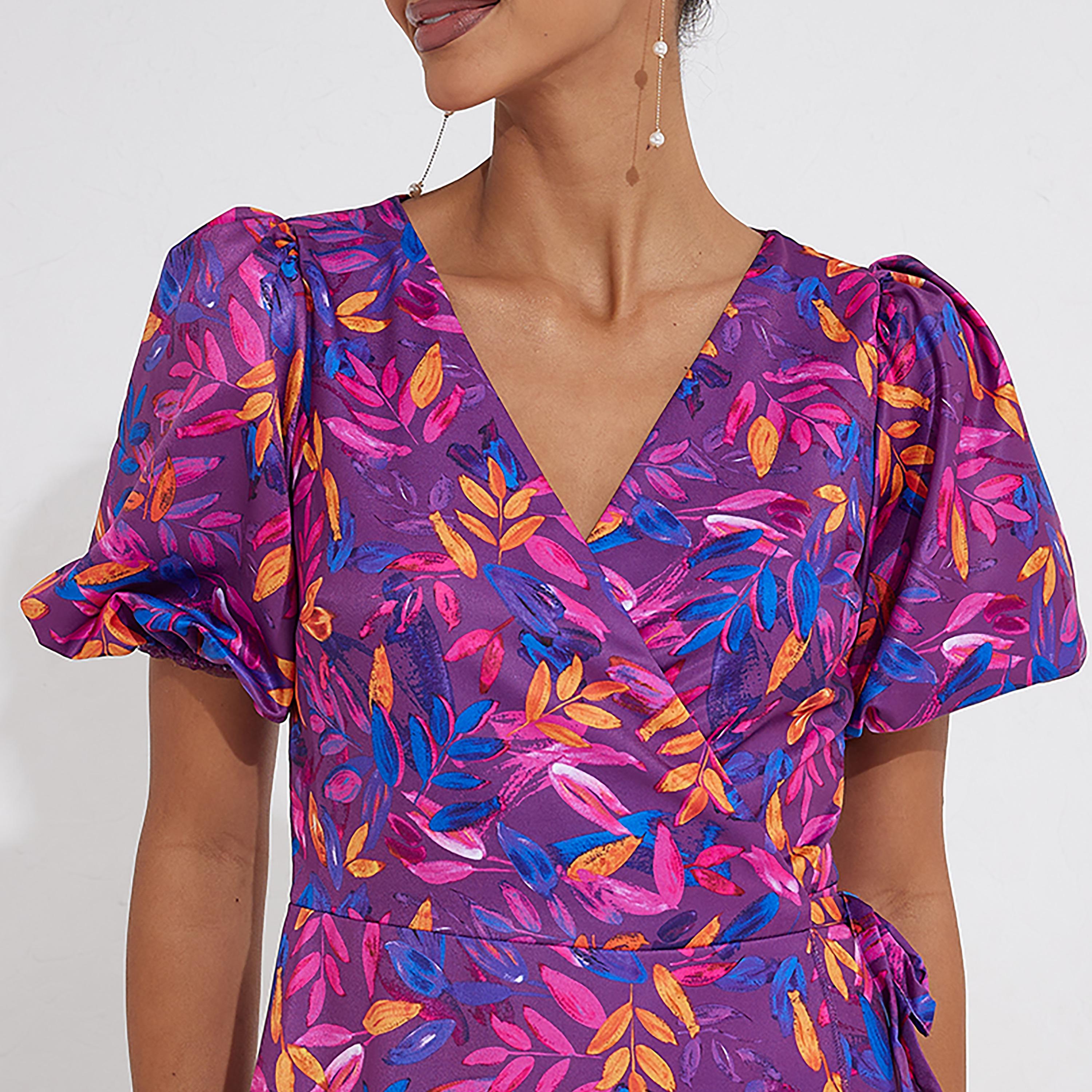 Little Mistress Multicolour Printed Plunge Neck Puff Sleeves Asymmetric Midi Women's Dress-women-clothing-dresses-image-2