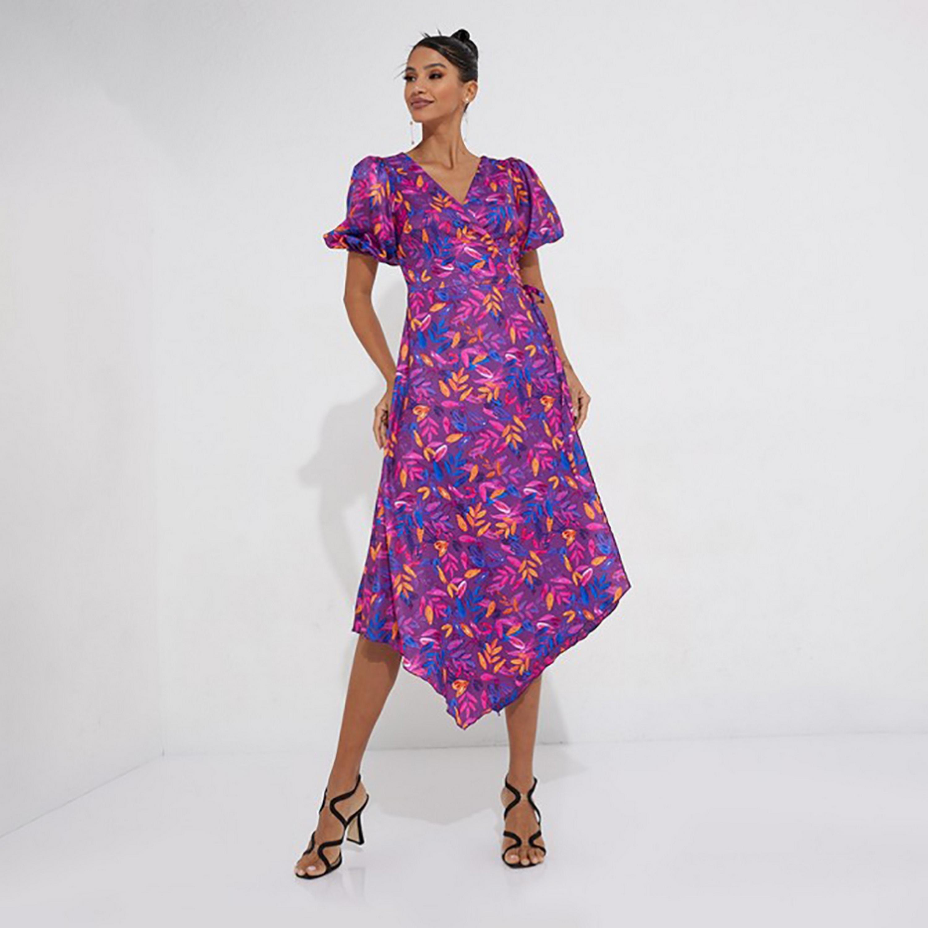 Little Mistress Multicolour Printed Plunge Neck Puff Sleeves Asymmetric Midi Women's Dress-women-clothing-dresses-image-3