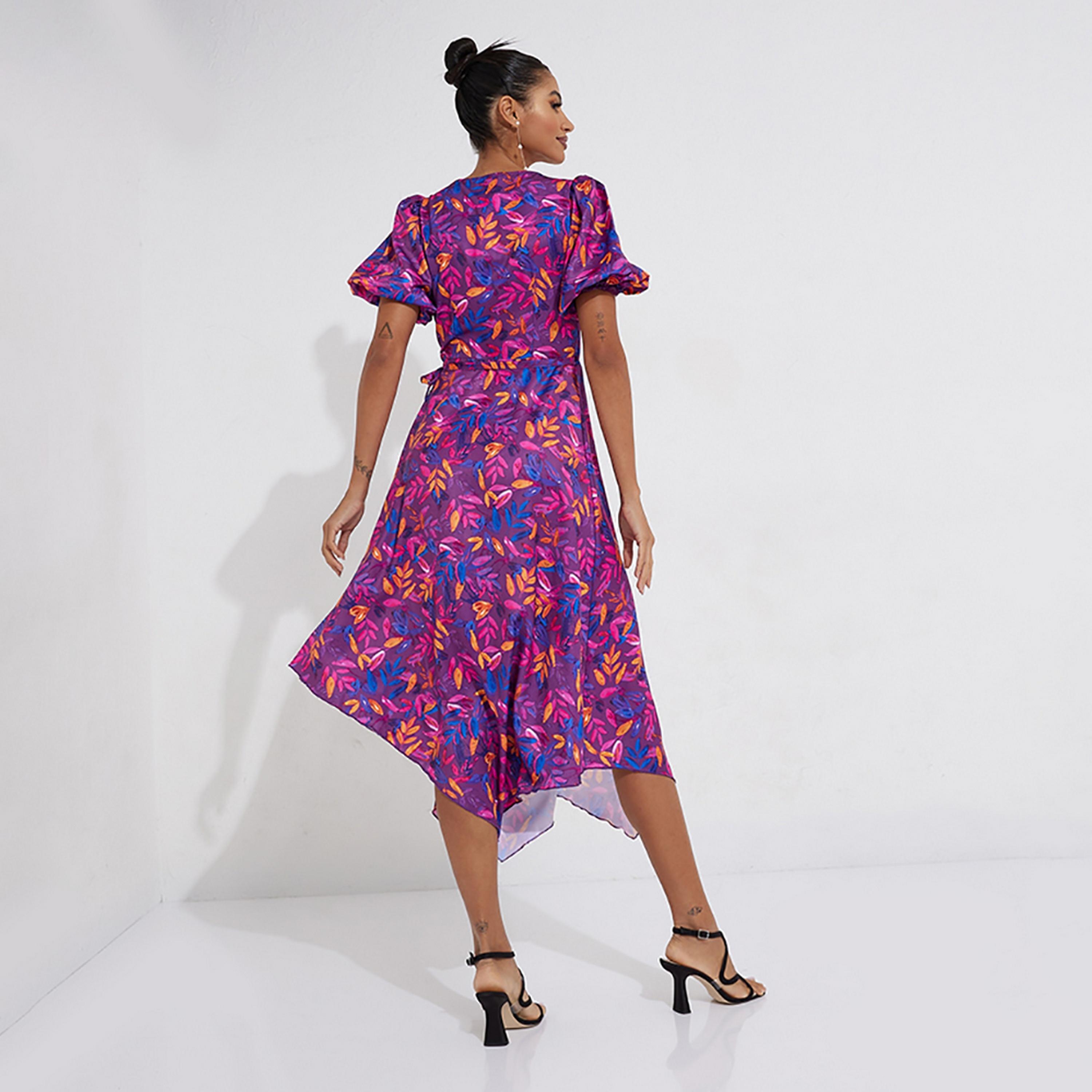 Little Mistress Multicolour Printed Plunge Neck Puff Sleeves Asymmetric Midi Women's Dress-women-clothing-dresses-image-4
