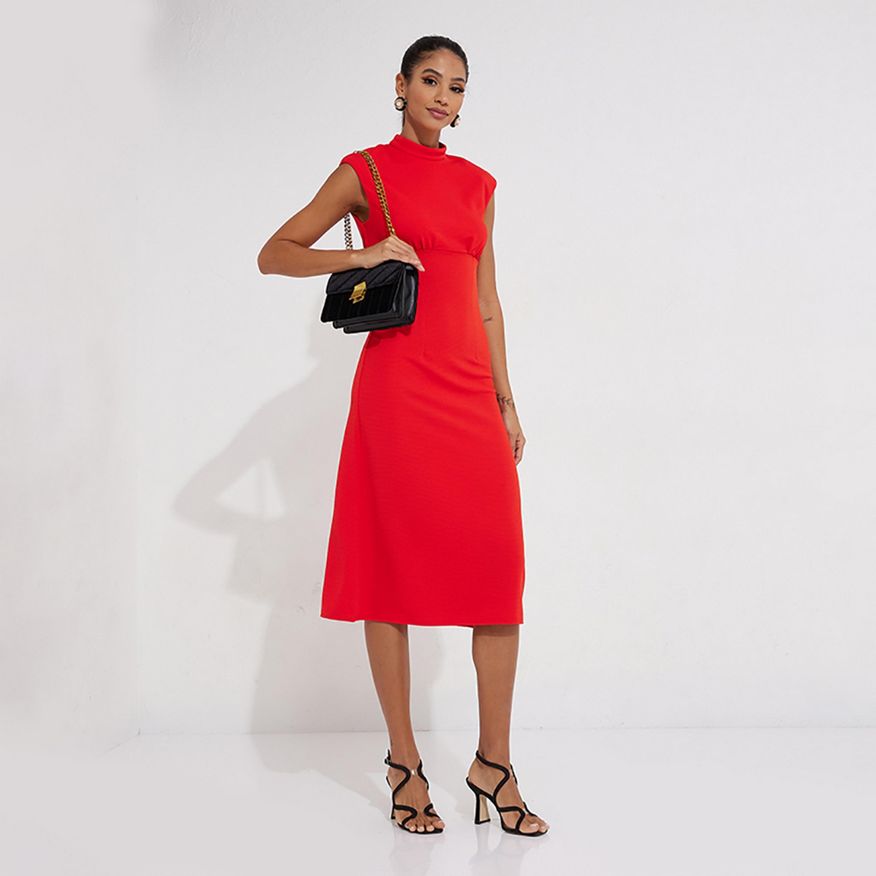 Little Mistress Red Waffle Pattern Cap Sleeves Bodycon Midi Women's Dress-women-clothing-dresses-image-1