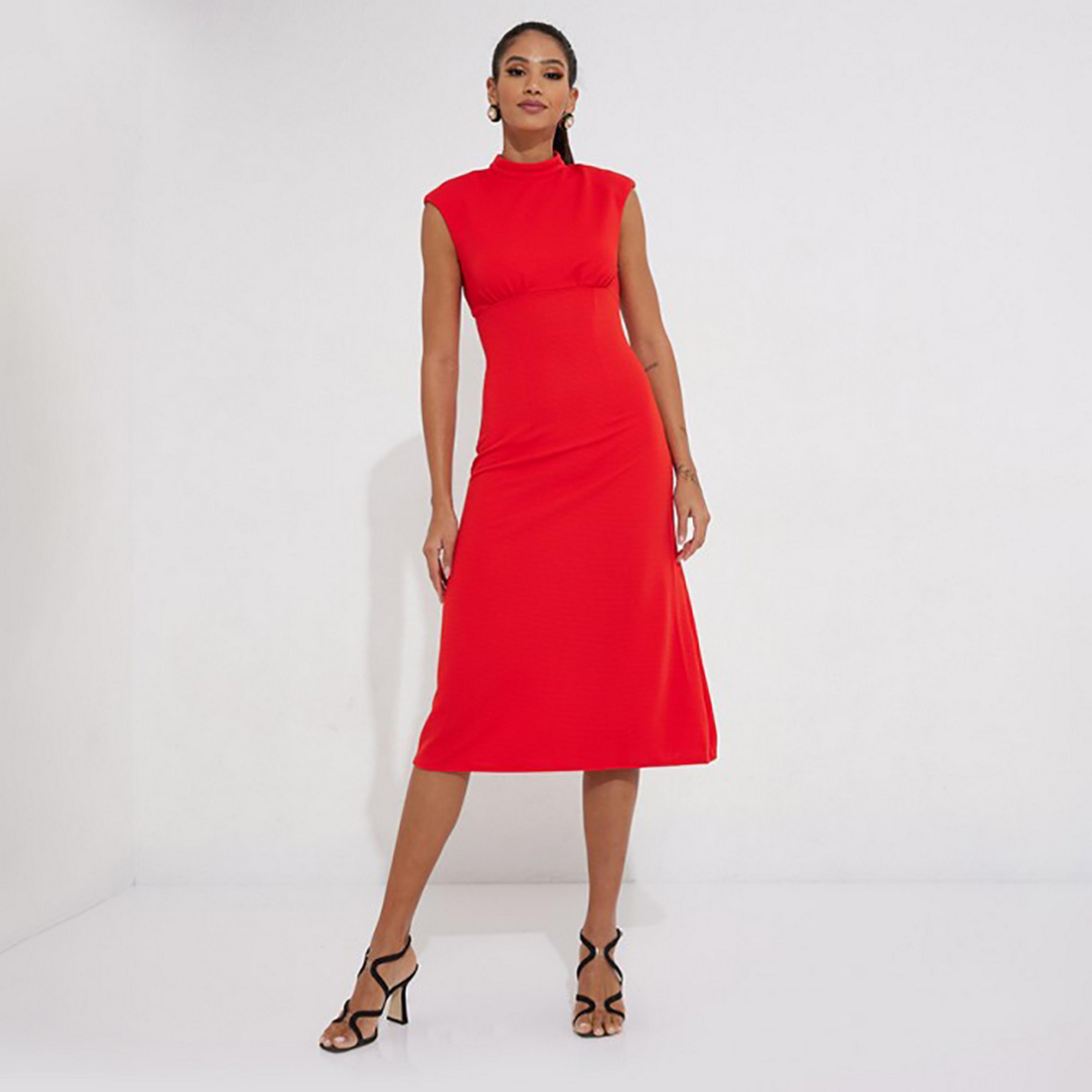 Little Mistress Red Waffle Pattern Cap Sleeves Bodycon Midi Women's Dress-women-clothing-dresses-image-3