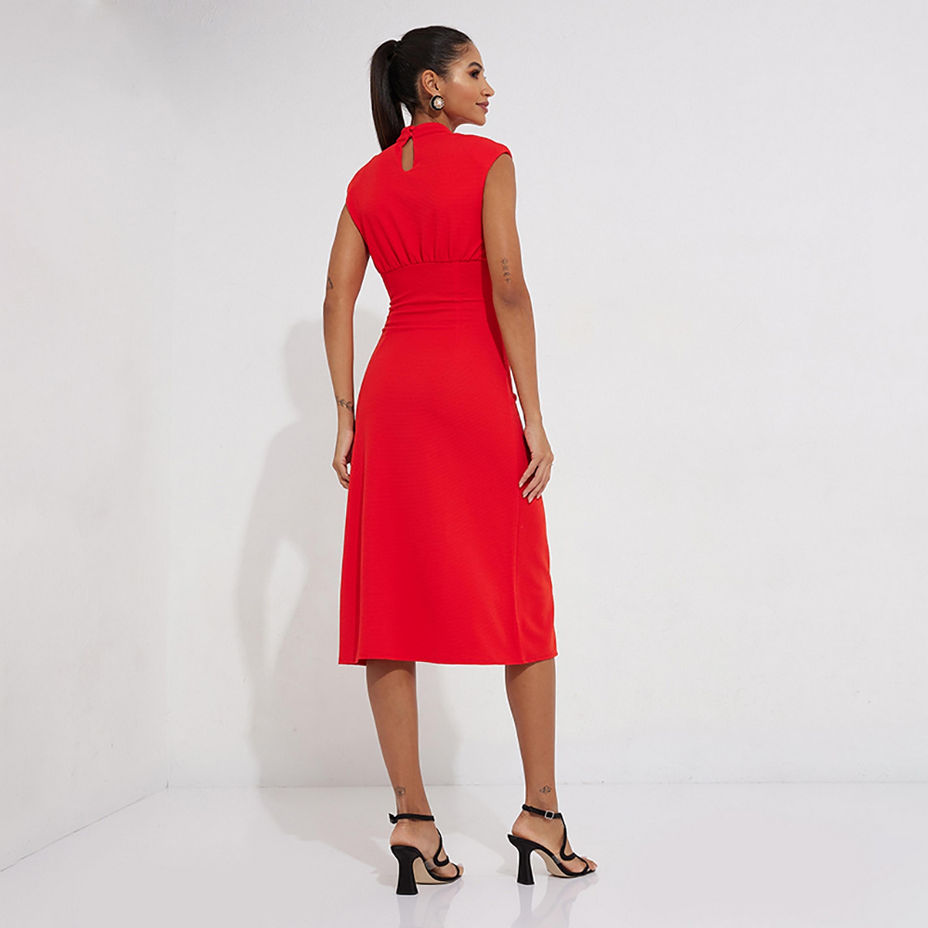 Little Mistress Red Waffle Pattern Cap Sleeves Bodycon Midi Women's Dress-women-clothing-dresses-image-4
