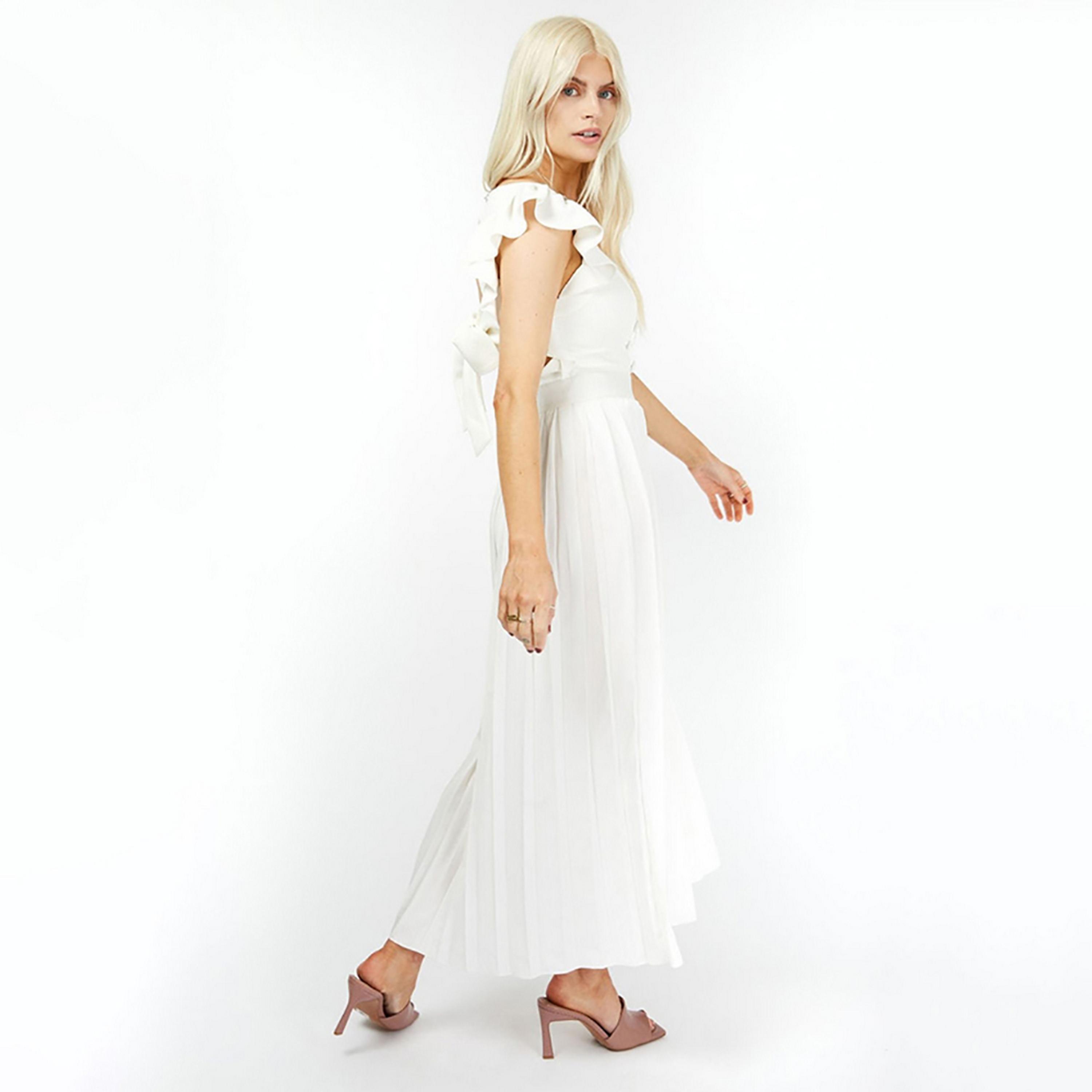 Little Mistress White Plain Sweetheart Neck Flutter Sleeves Fit and Flared Maxi Women's Dress-women-clothing-dresses-image-3
