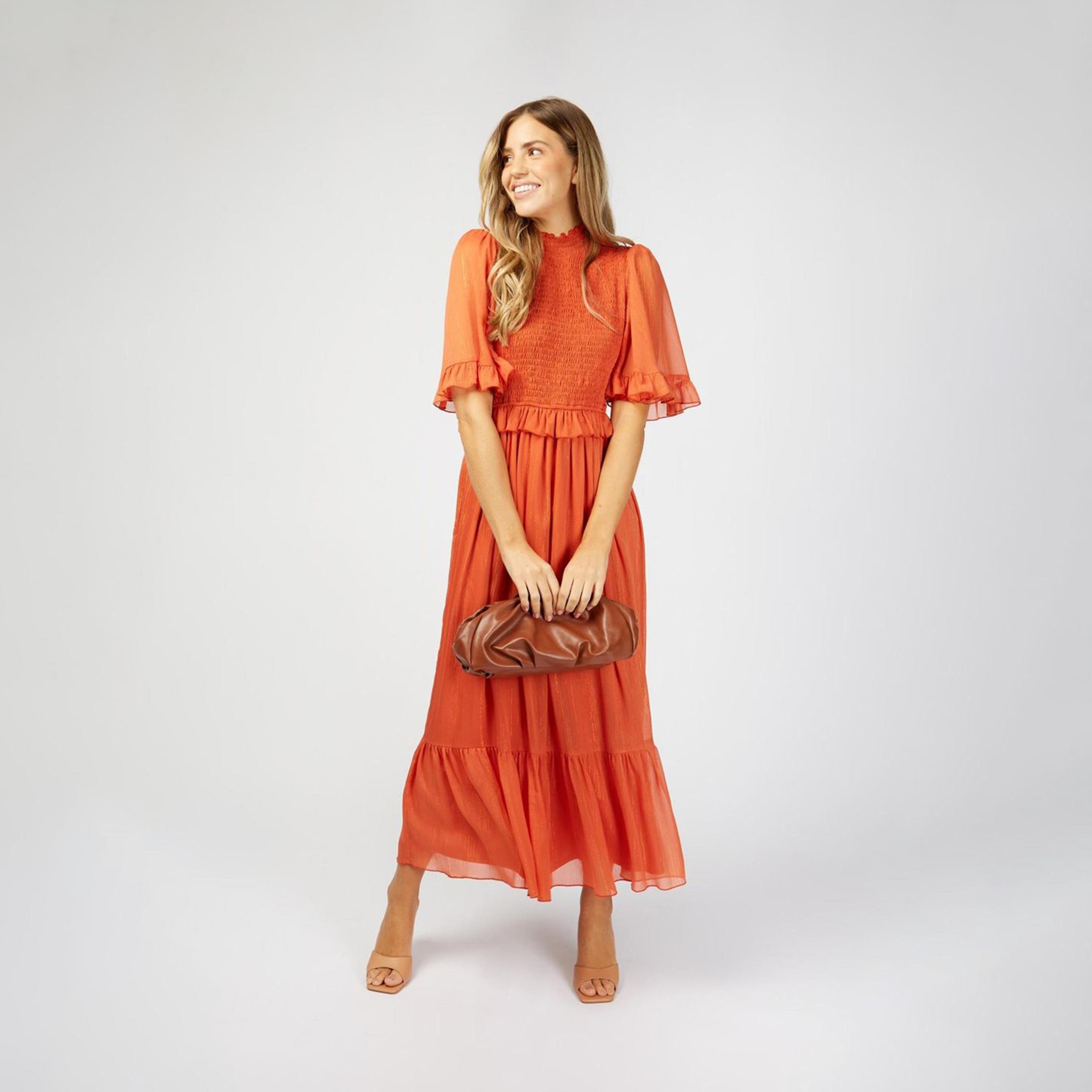 Little Mistress High Neck A-line Midi Dress with Short Sleeves-women-clothing-dresses-image-1