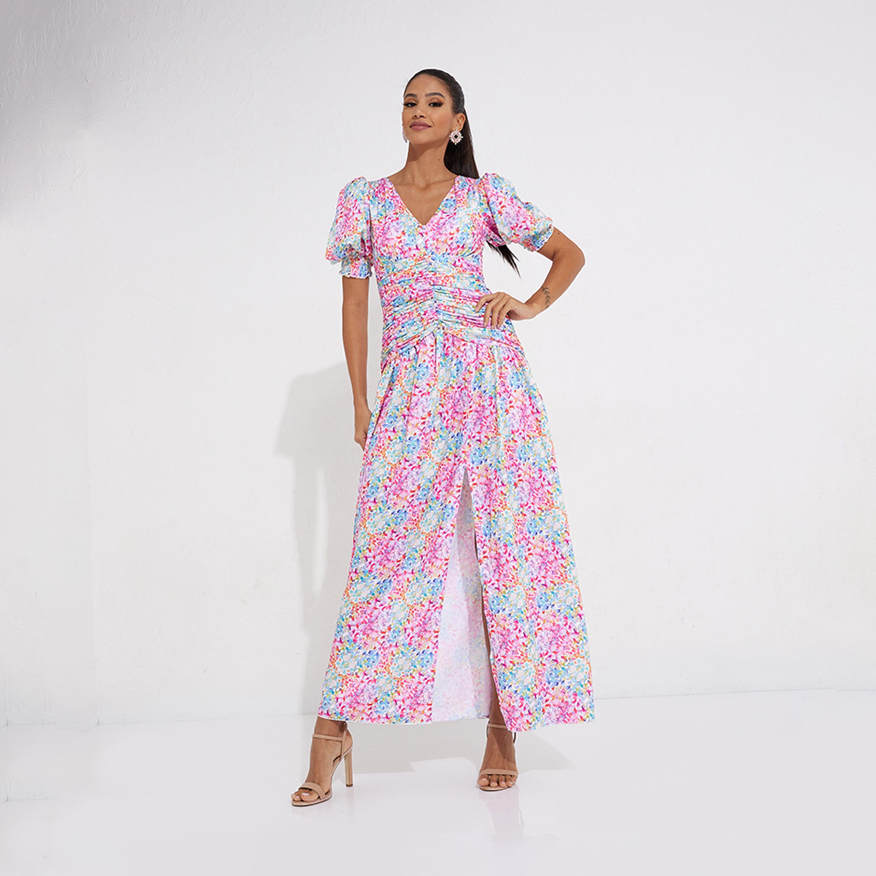 ليتل مسترس- فستان ماكسي بفتحة ياقة على شكل V تصميم منقوش أكمام منفوخة-women-clothing-dresses-image-1