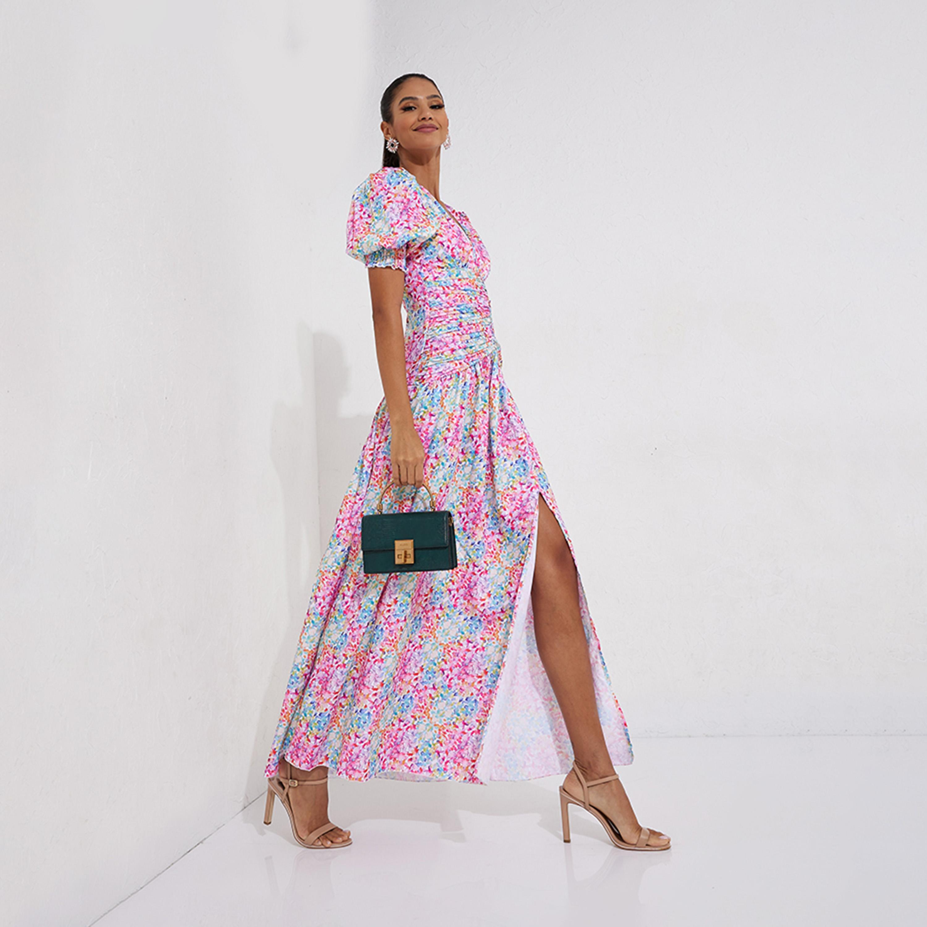 ليتل مسترس- فستان ماكسي بفتحة ياقة على شكل V تصميم منقوش أكمام منفوخة-women-clothing-dresses-image-2