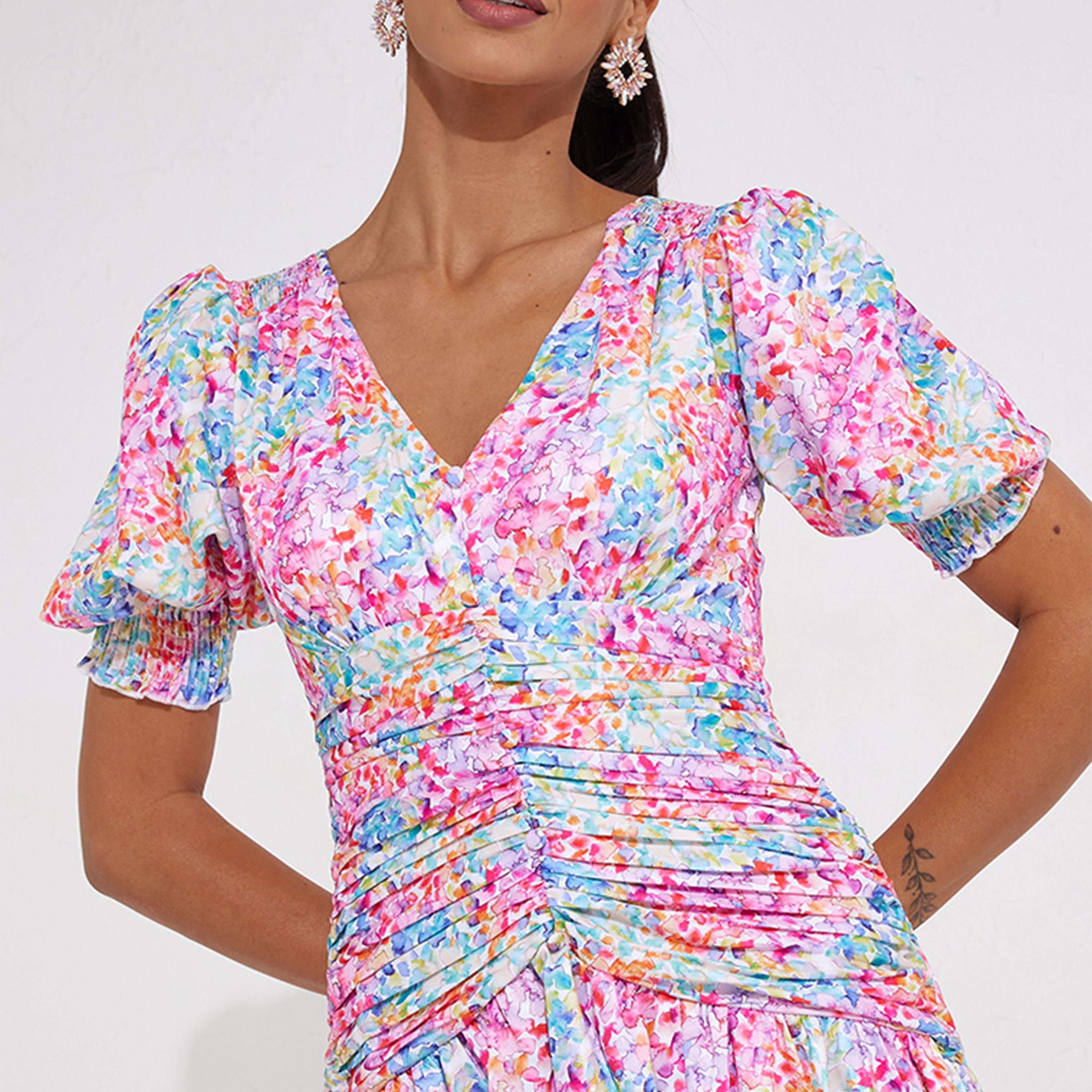 ليتل مسترس- فستان ماكسي بفتحة ياقة على شكل V تصميم منقوش أكمام منفوخة-women-clothing-dresses-image-3