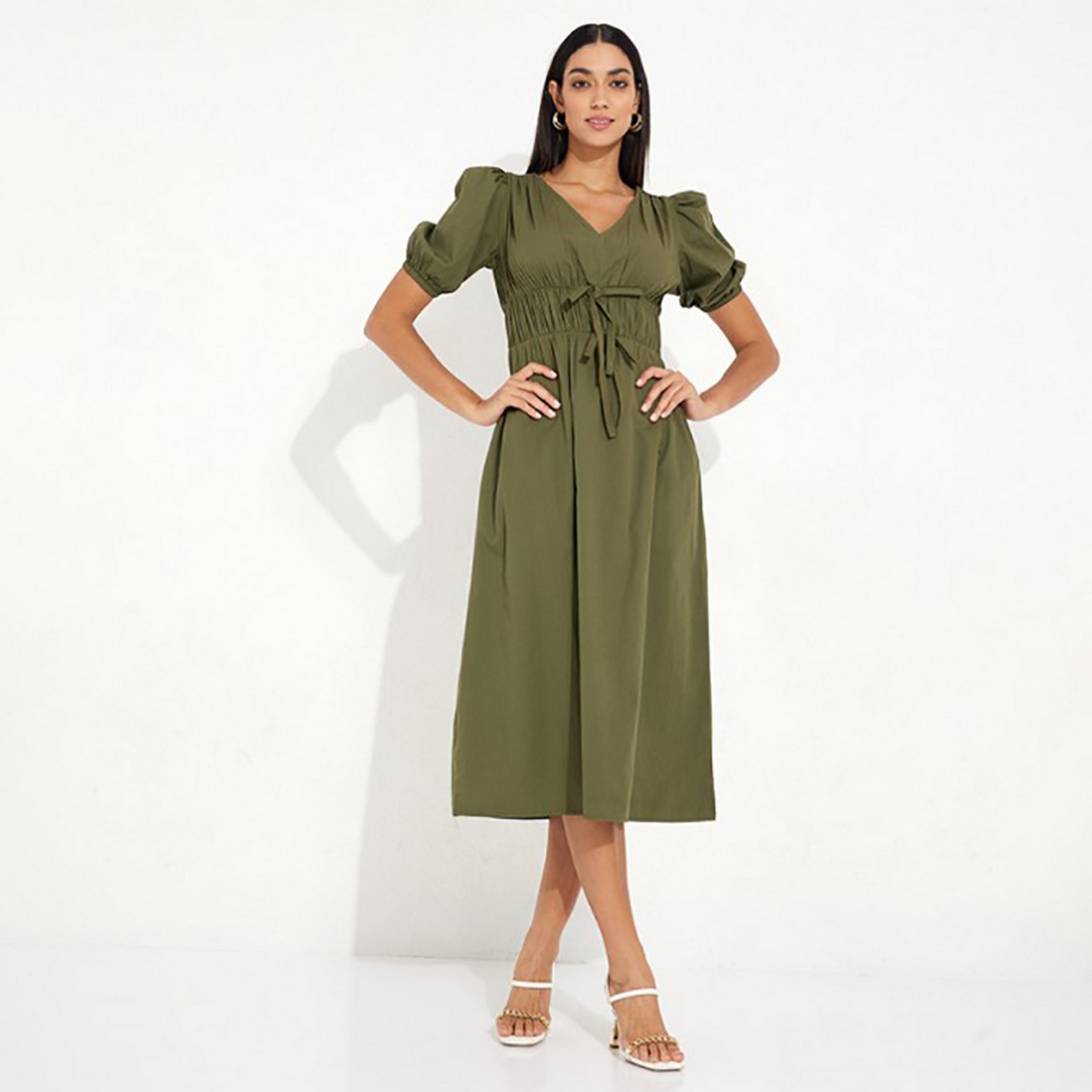 Little Mistress Khaki Plain Puff Sleeves Fit and Flared Midi Women's Dress-women-clothing-dresses-image-1
