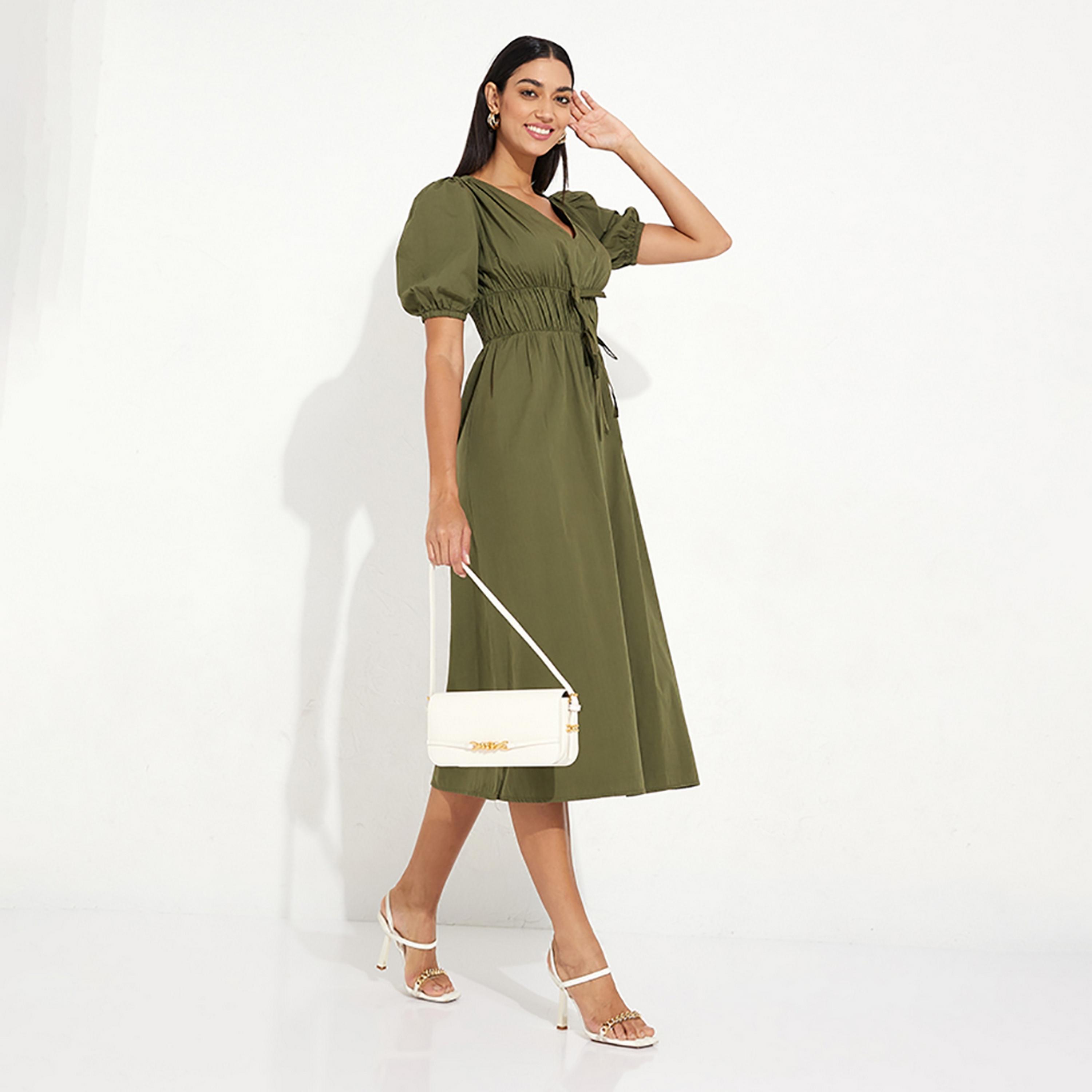 Little Mistress Khaki Plain Puff Sleeves Fit and Flared Midi Women's Dress-women-clothing-dresses-image-3