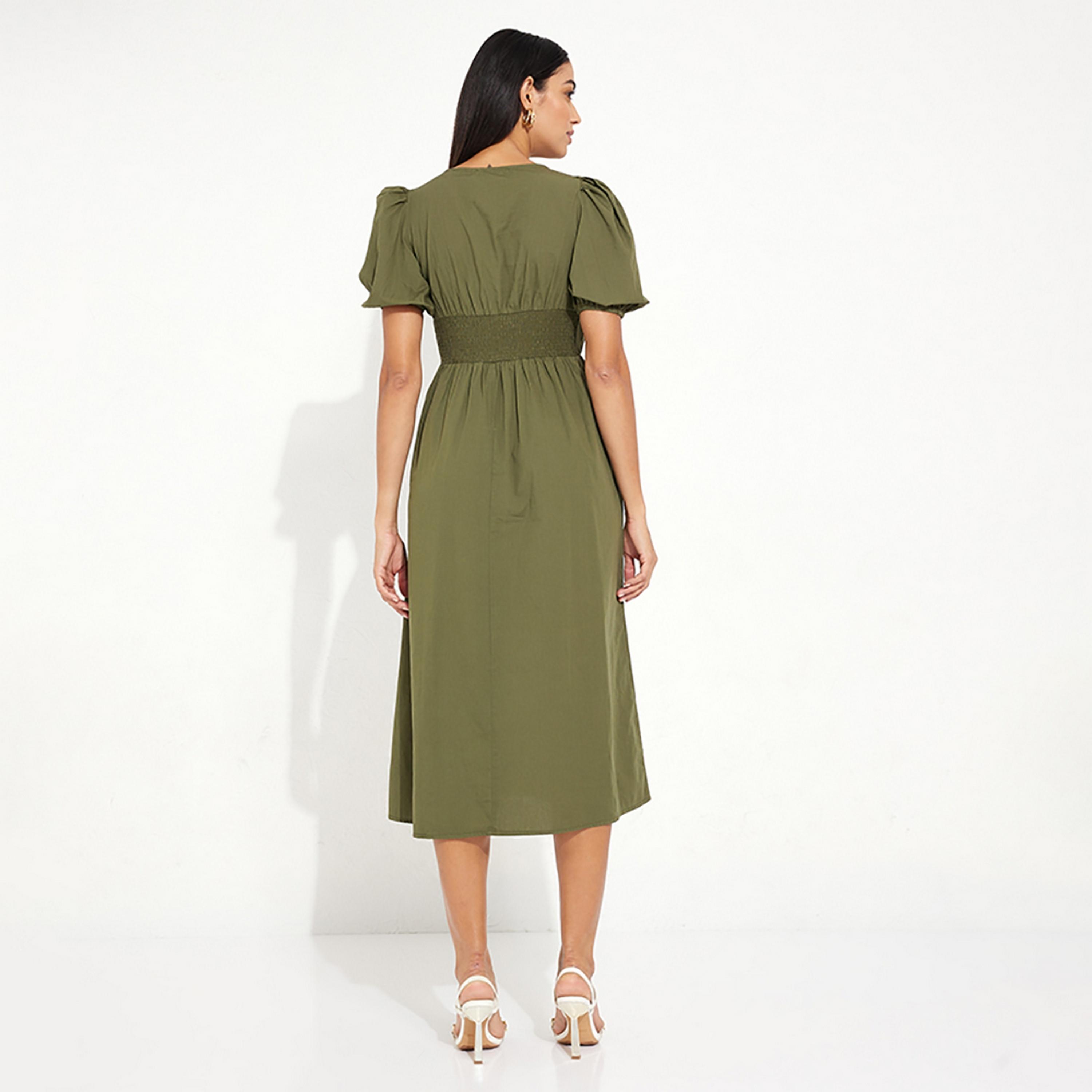 Little Mistress Khaki Plain Puff Sleeves Fit and Flared Midi Women's Dress-women-clothing-dresses-image-4