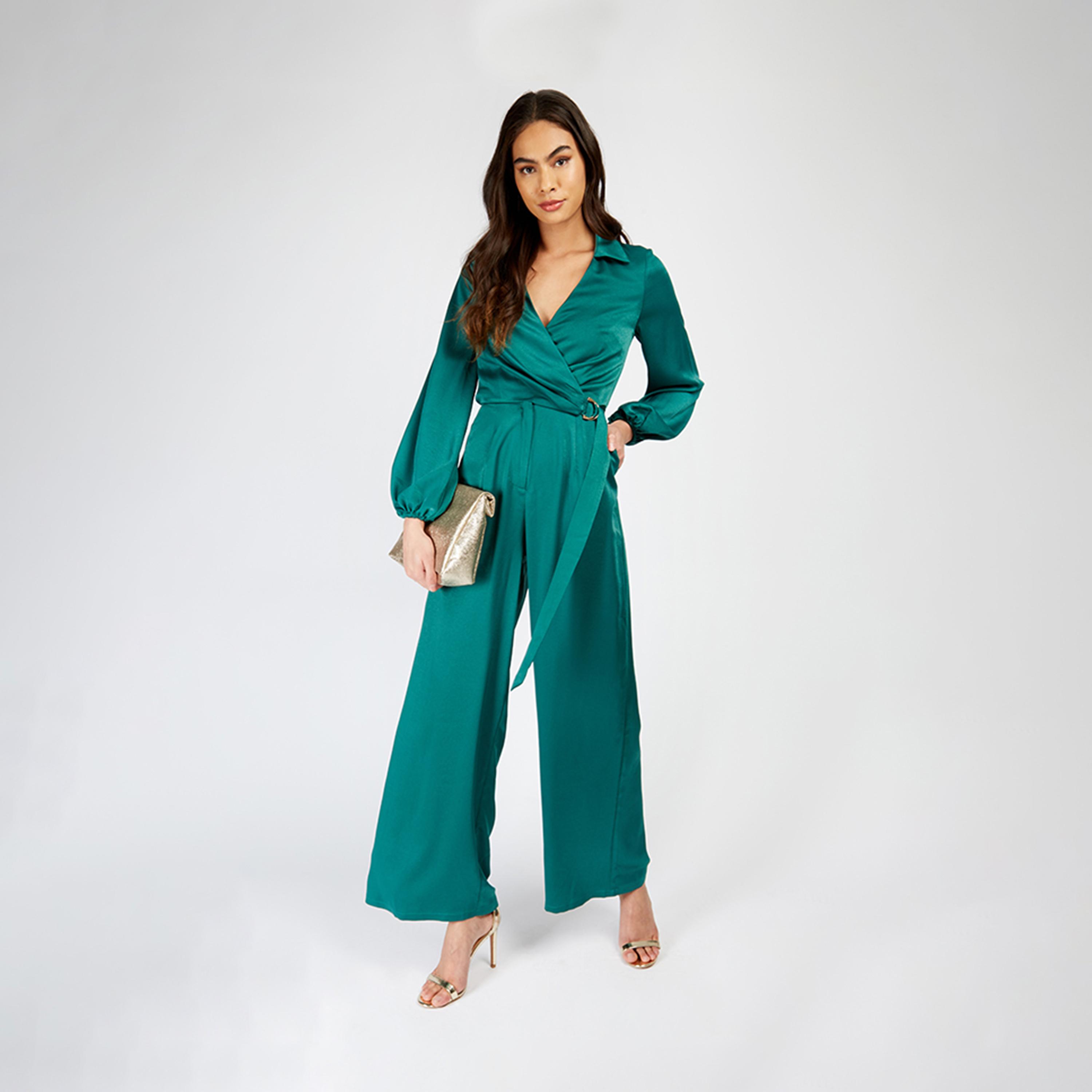 Little Mistress Satin V-neck Jumpsuit with Long Sleeves-women-clothing-jumpsuits-image-1