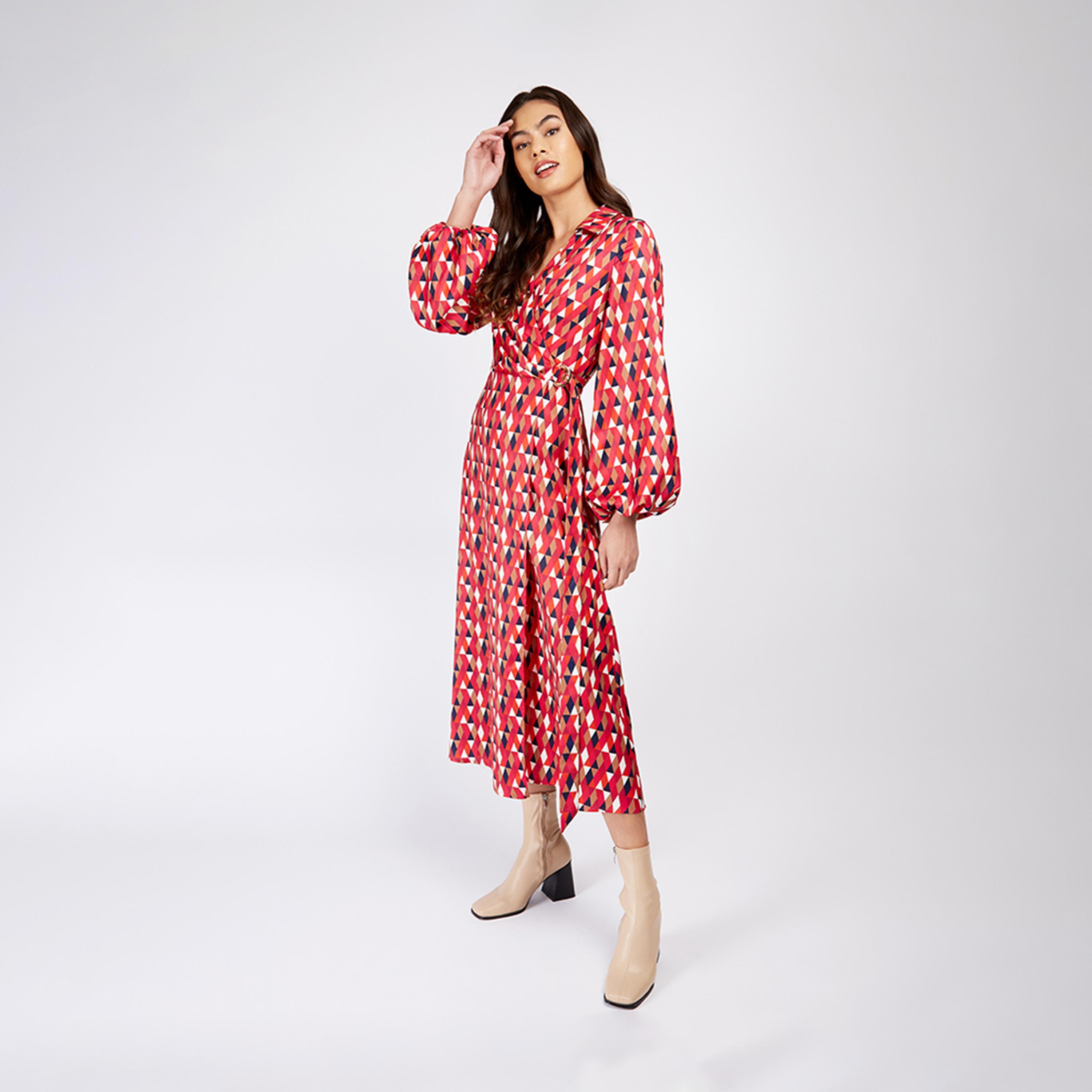 Little Mistress Printed V-neck Wrap Midi Dress with Long Sleeves-women-clothing-dresses-image-1