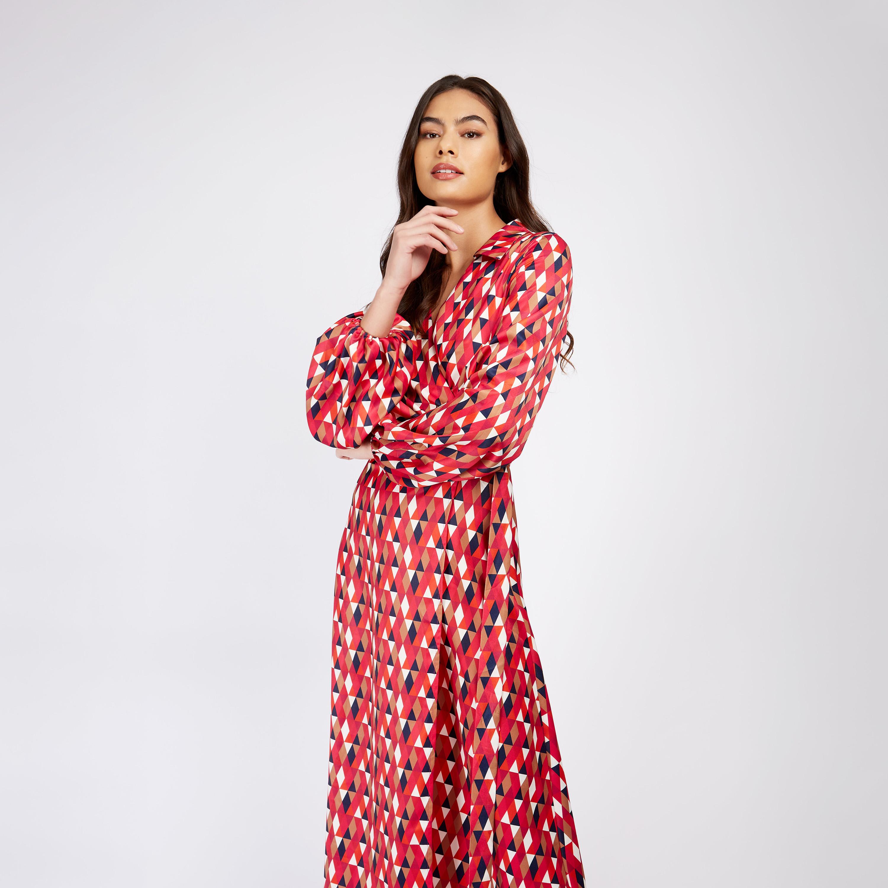 Little Mistress Printed V-neck Wrap Midi Dress with Long Sleeves-women-clothing-dresses-image-2