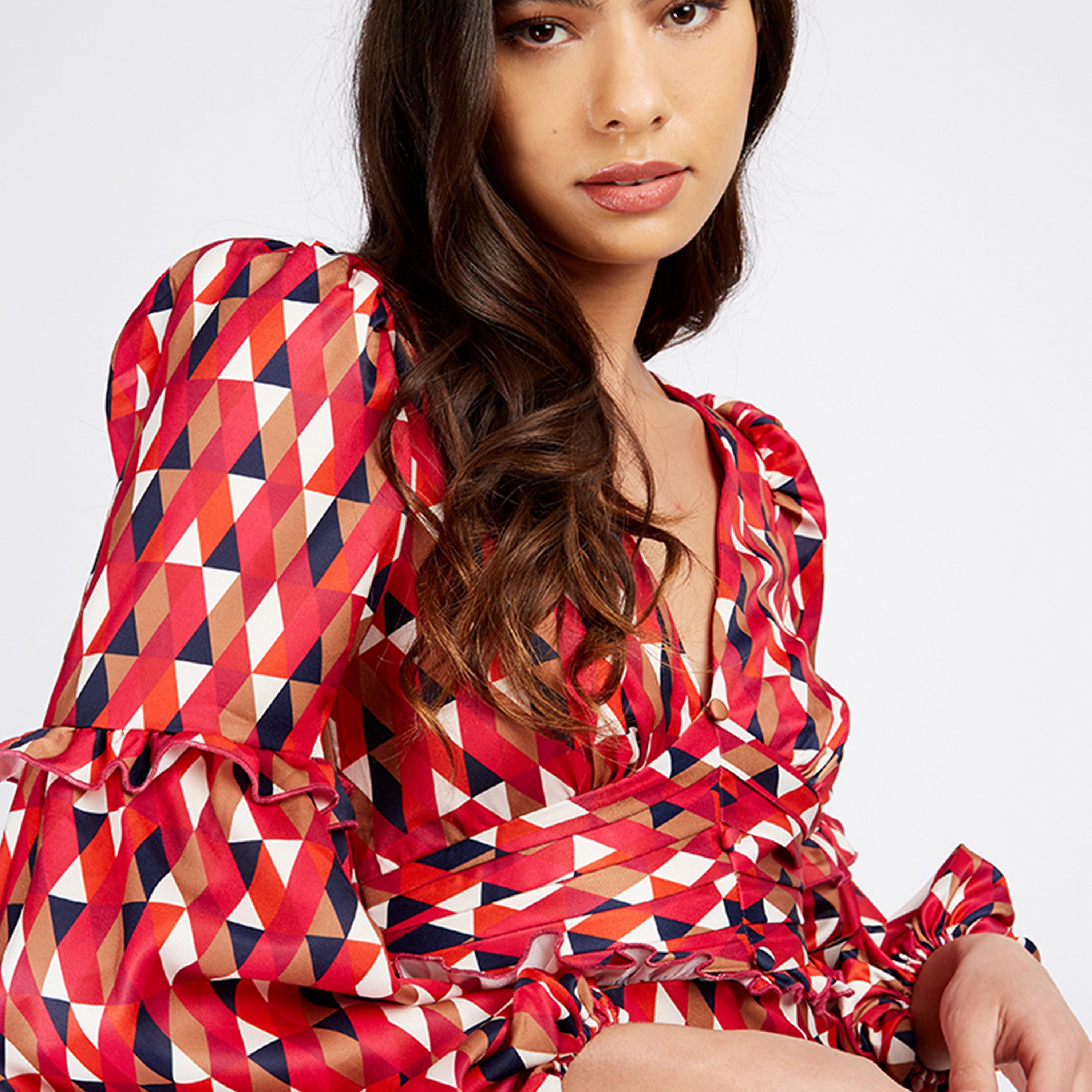 ليتل مسترس- فستان ميني سكيتر ياقة على شكل V تصميم منقوش أكمام طويلة-women-clothing-dresses-image-2