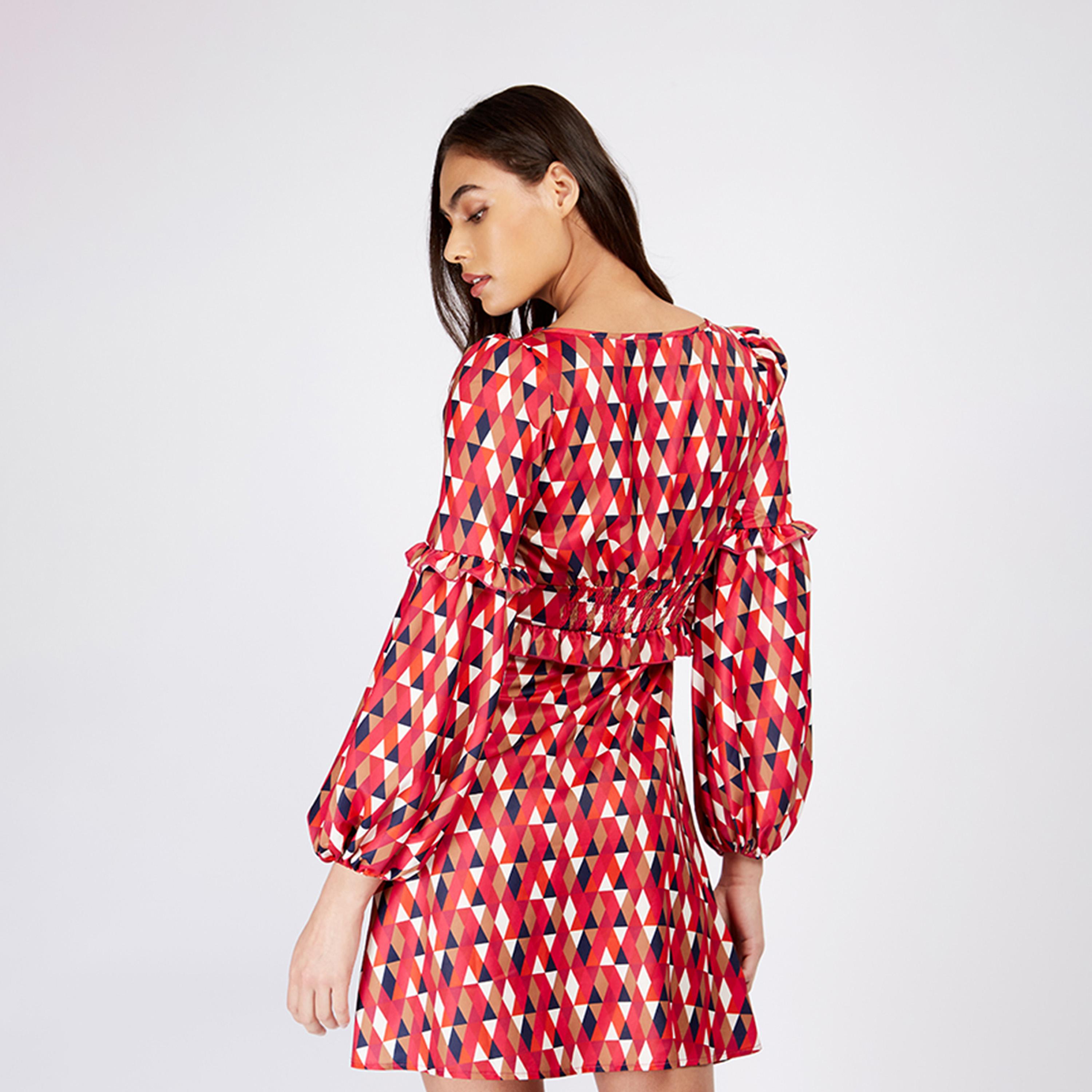 ليتل مسترس- فستان ميني سكيتر ياقة على شكل V تصميم منقوش أكمام طويلة-women-clothing-dresses-image-3