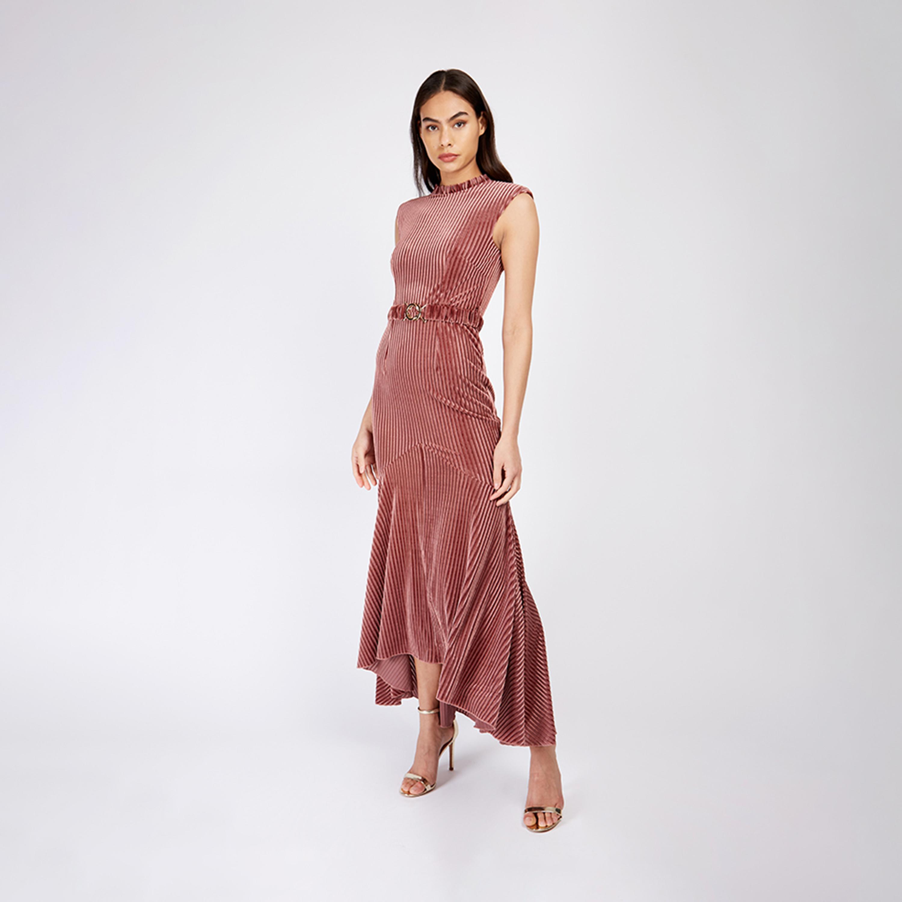 فستان ماكسي بحزام مخملي وياقة عالية مع خطوط من ميستريس ساتان-women-clothing-dresses-image-1